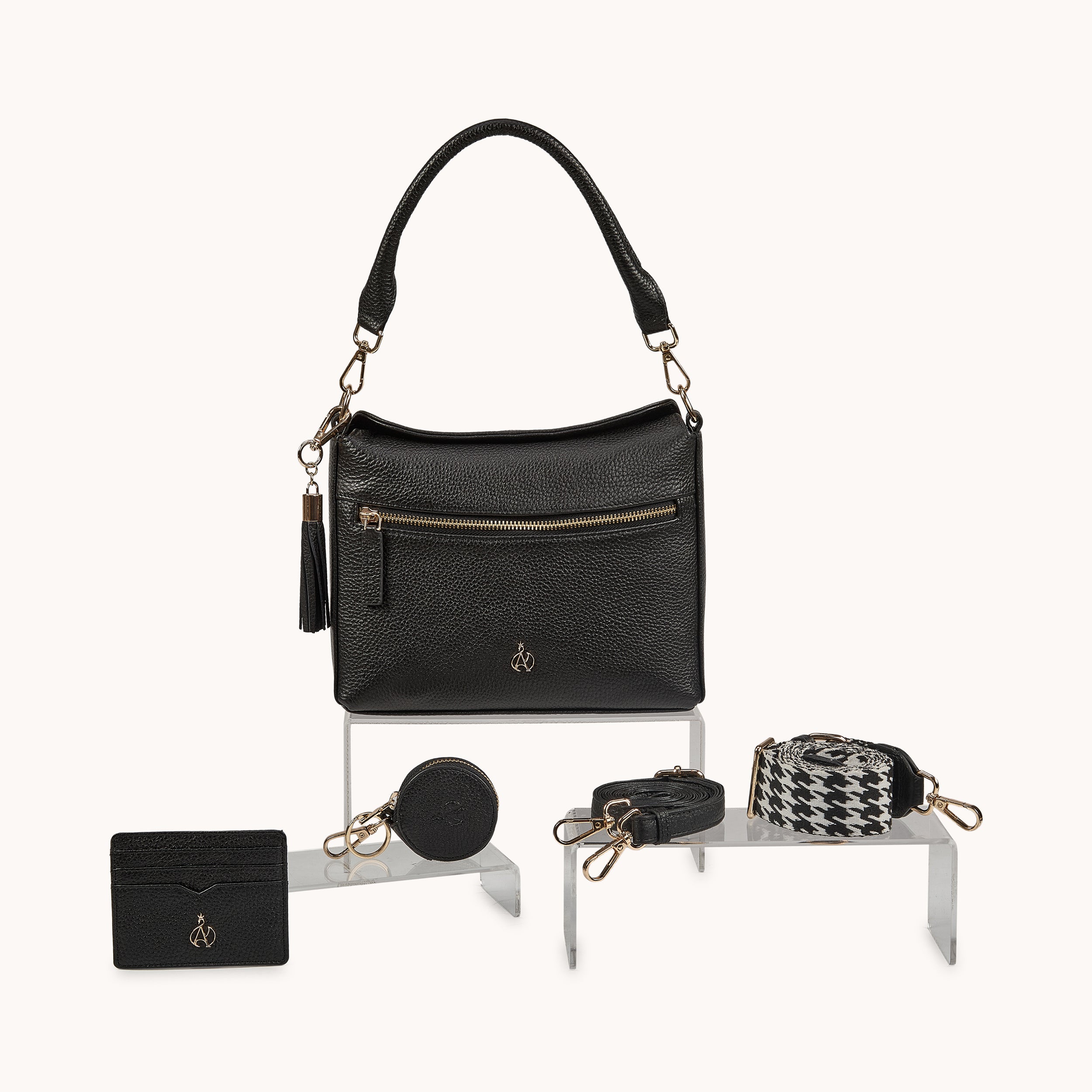 'FIONA' Black Pebble Grain Real Leather Shoulder Bag