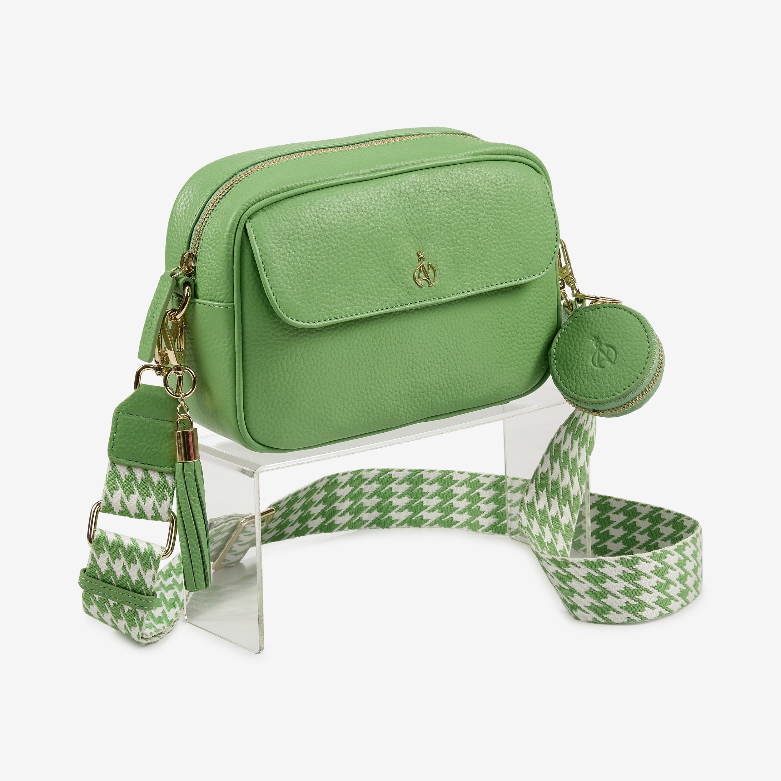 'HACKNEY' Matcha Green Pebble Grain Real Leather Crossbody Bag