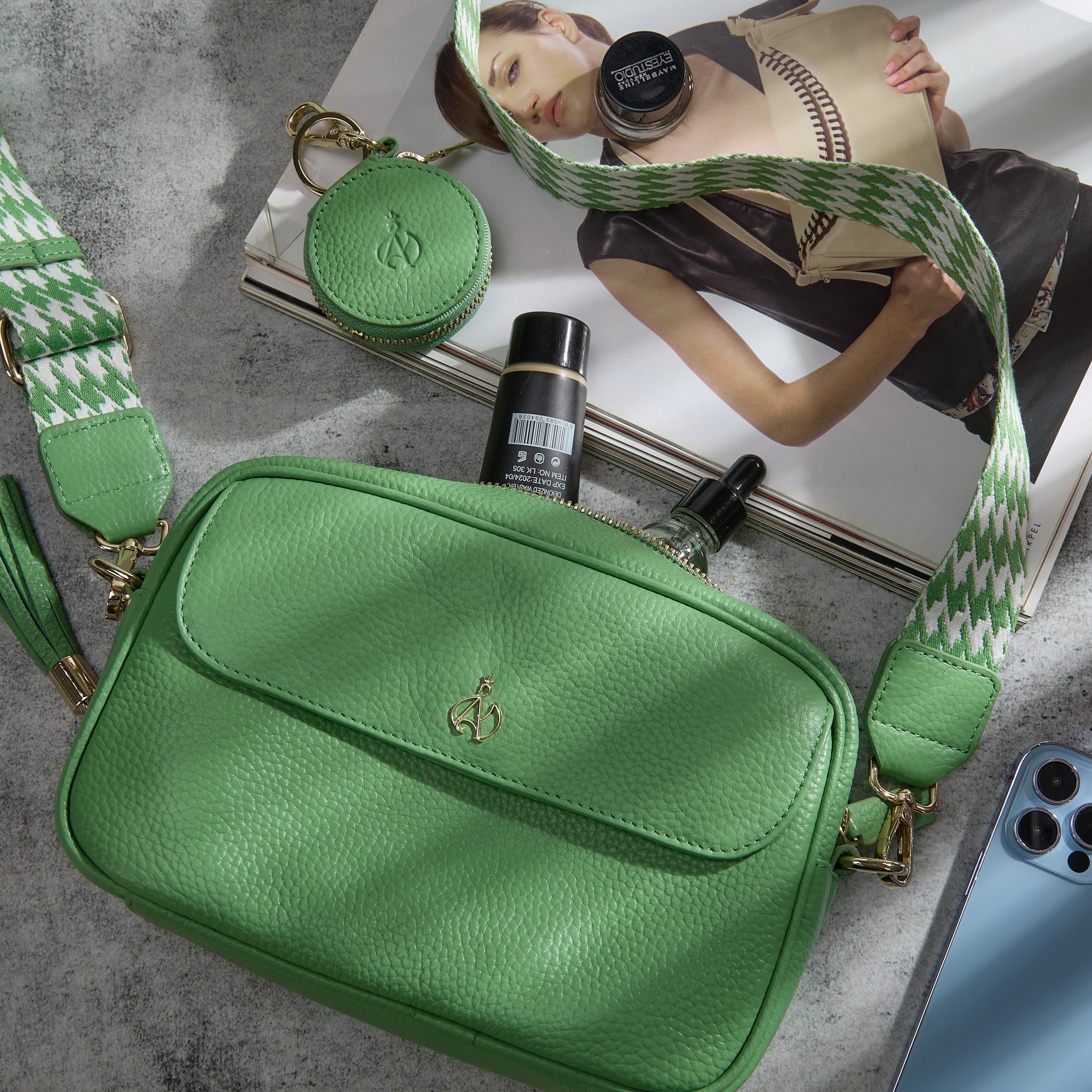'HACKNEY' Matcha Green Pebble Grain Real Leather Crossbody Bag