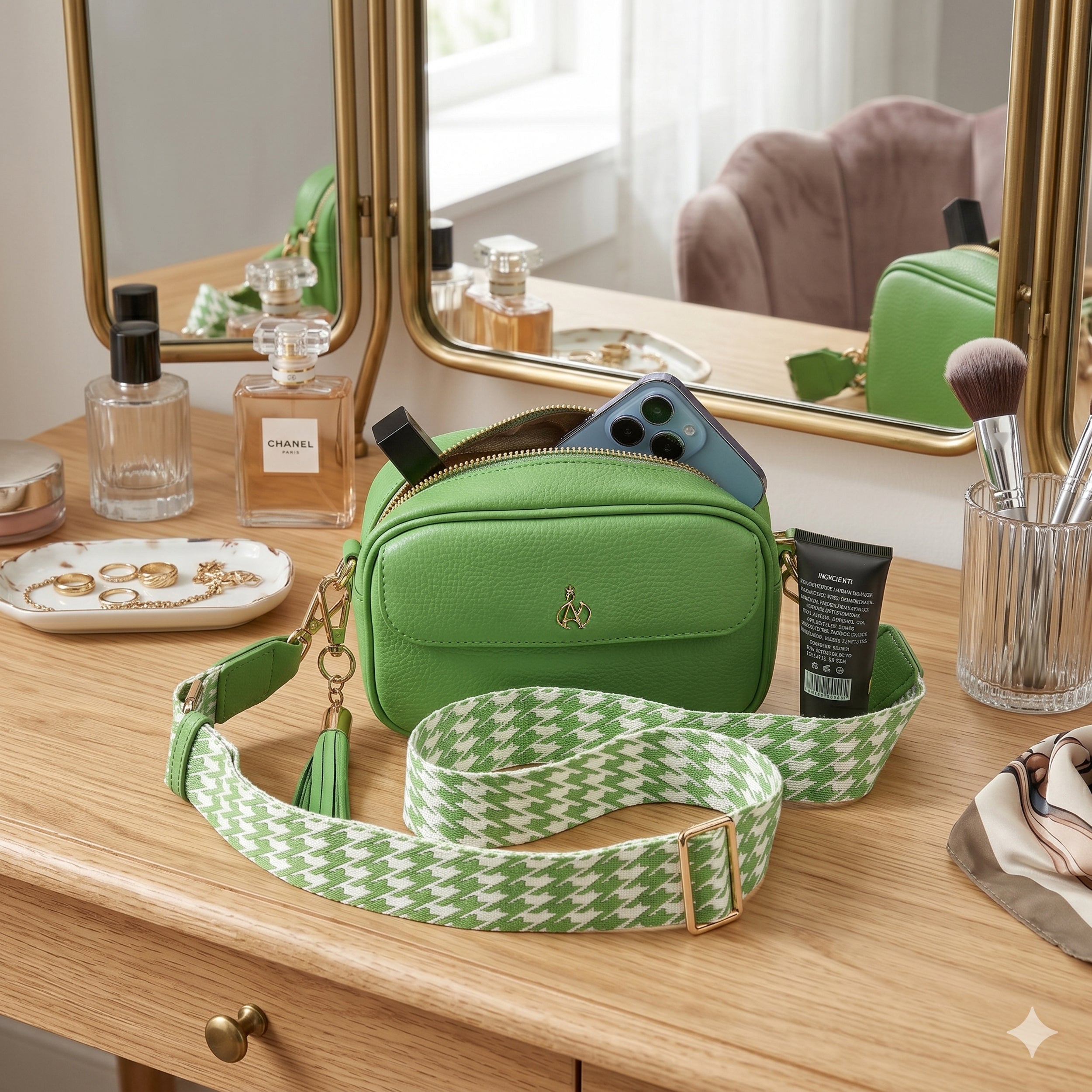 'HACKNEY MINI' Matcha Green Pebble Grain Real Leather Crossbody Bag