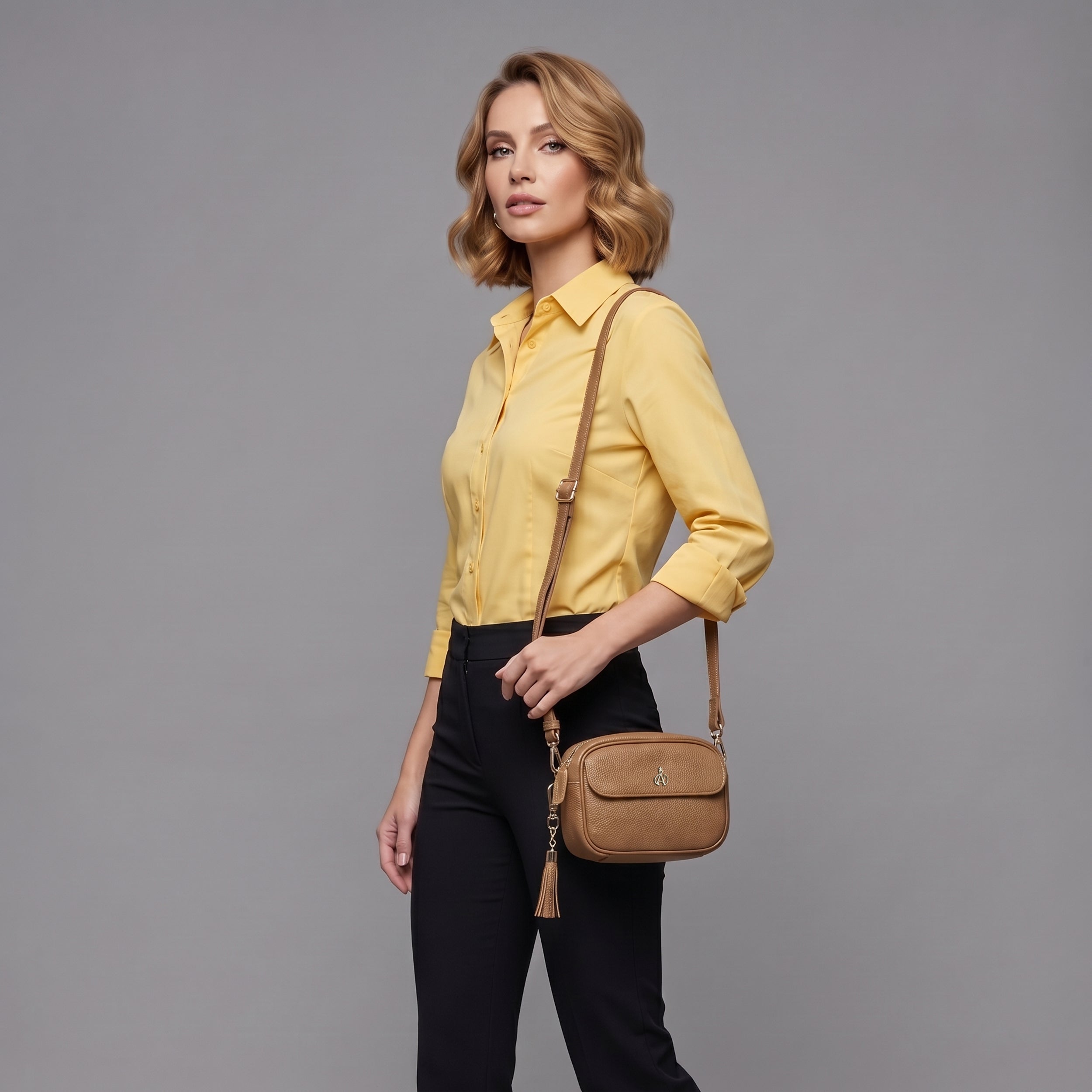 'HACKNEY MINI' Tan Pebble Grain Real Leather Crossbody Bag