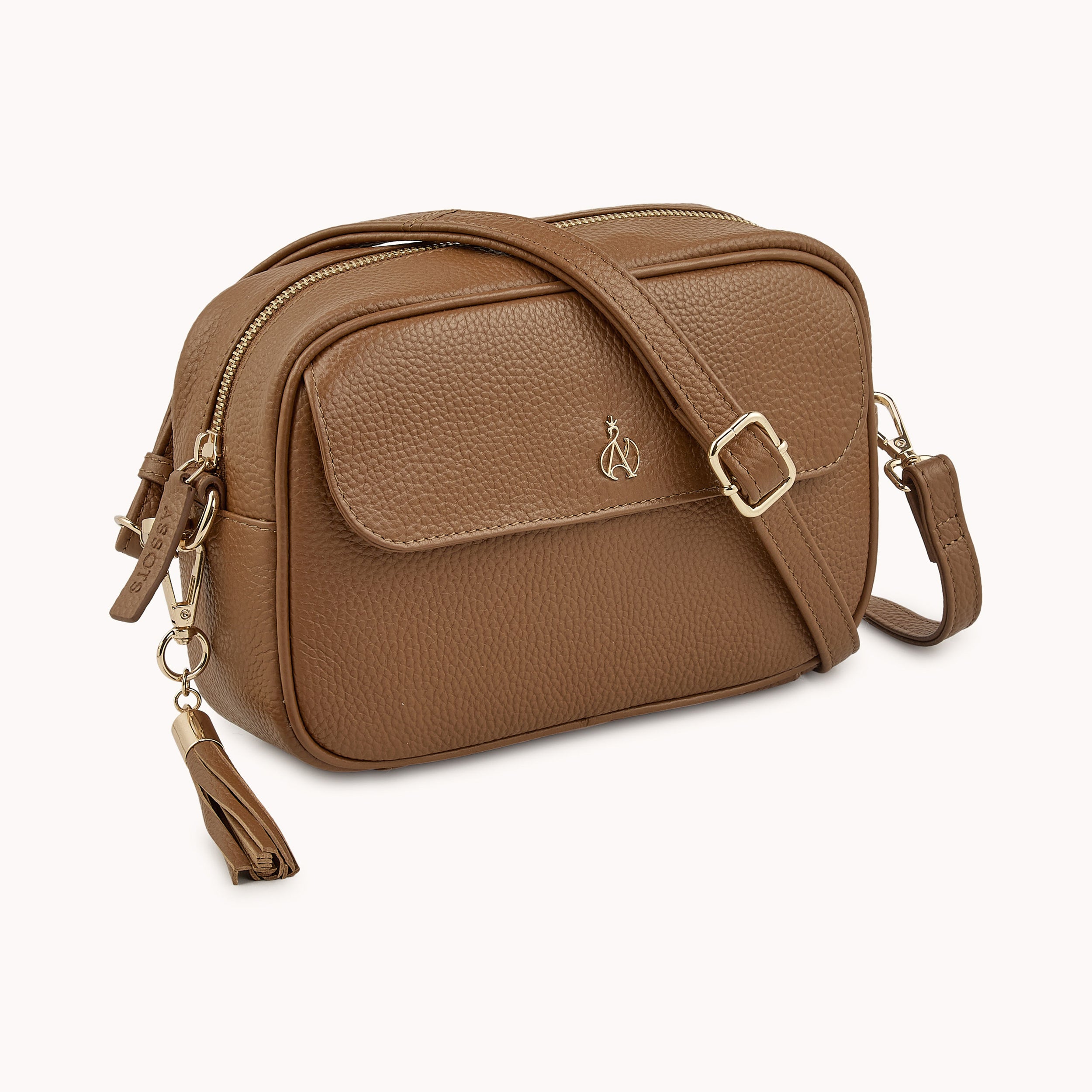'HACKNEY' Tan Pebble Grain Real Leather Crossbody Bag