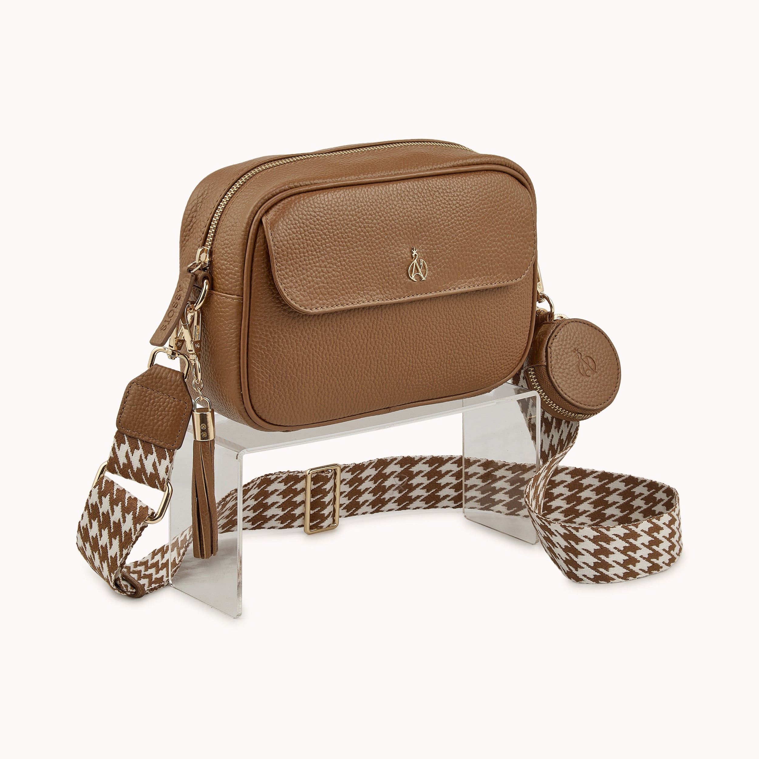 'HACKNEY' Tan Pebble Grain Real Leather Crossbody Bag