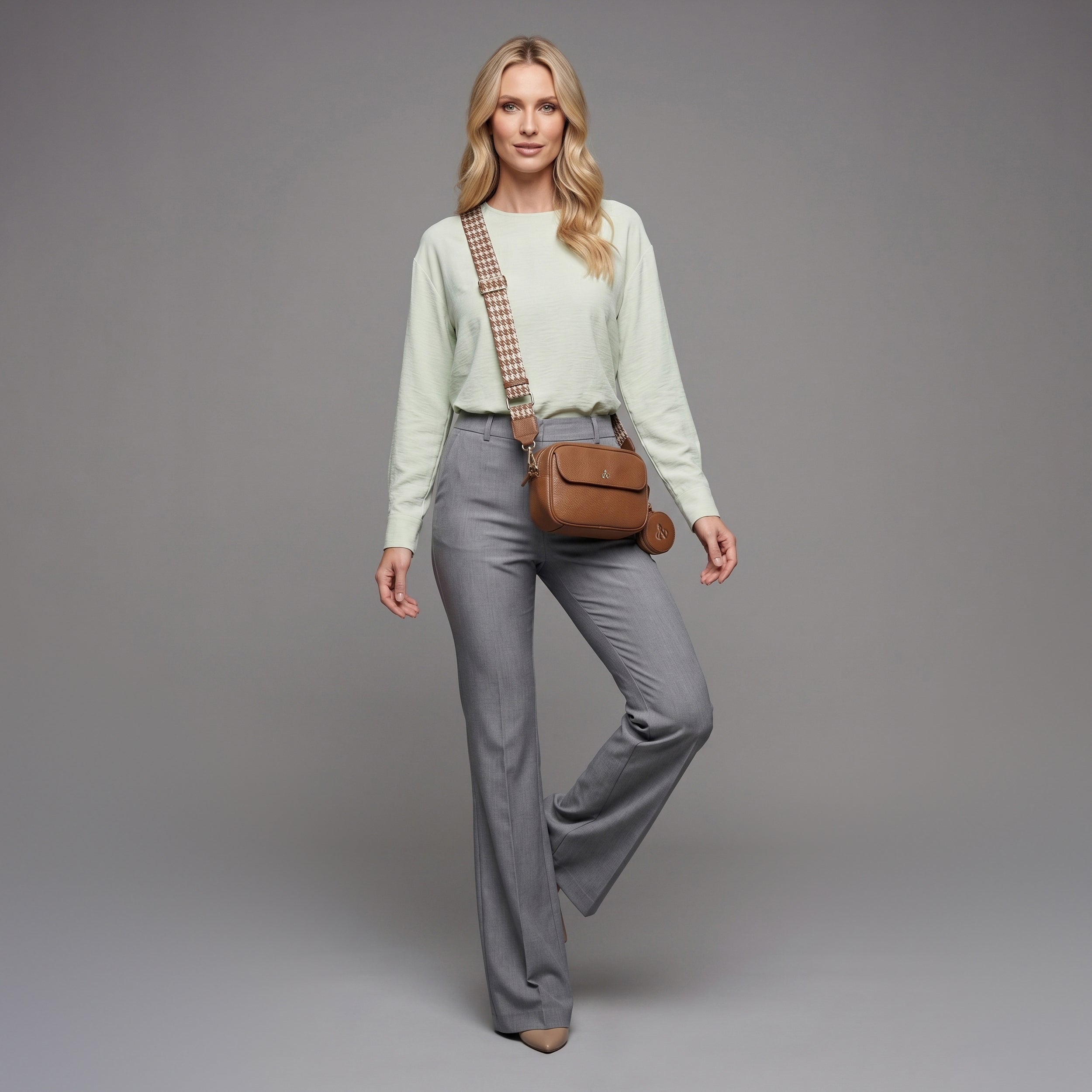 'HACKNEY' Tan Pebble Grain Real Leather Crossbody Bag
