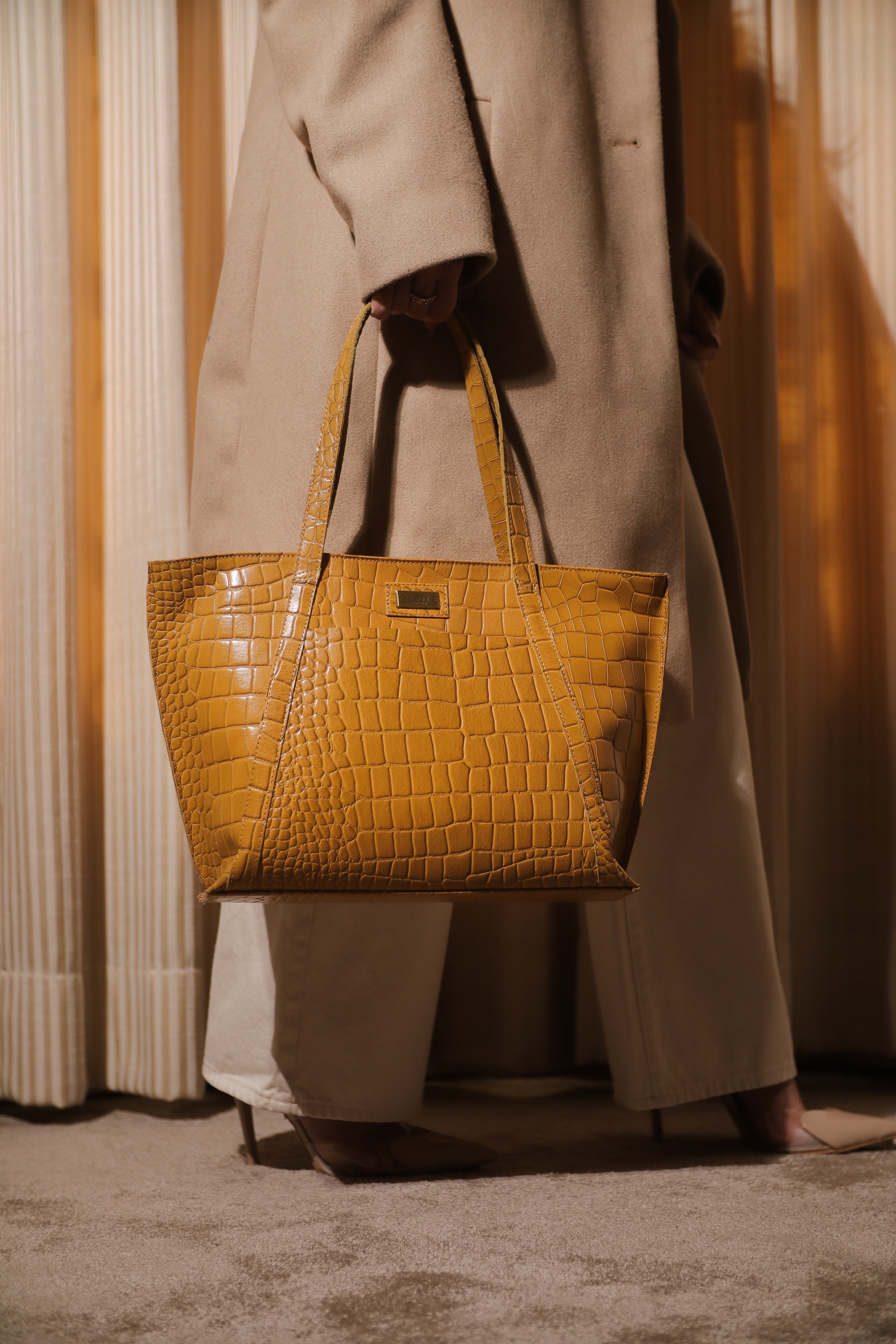 'AGNES' Ochre Mustard Croc Real Leather Designer Tote Bag