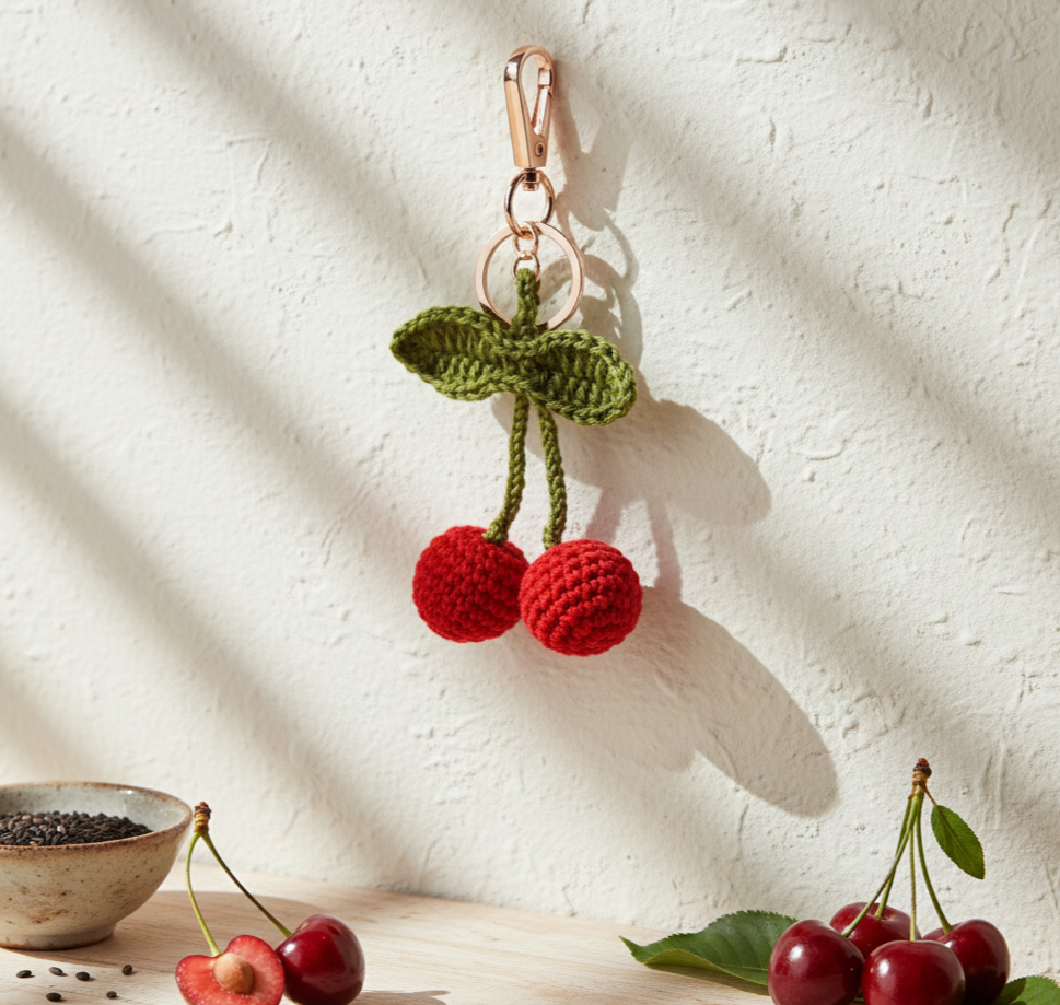 The Cherry Hand Crochet Gold Charm Keyring