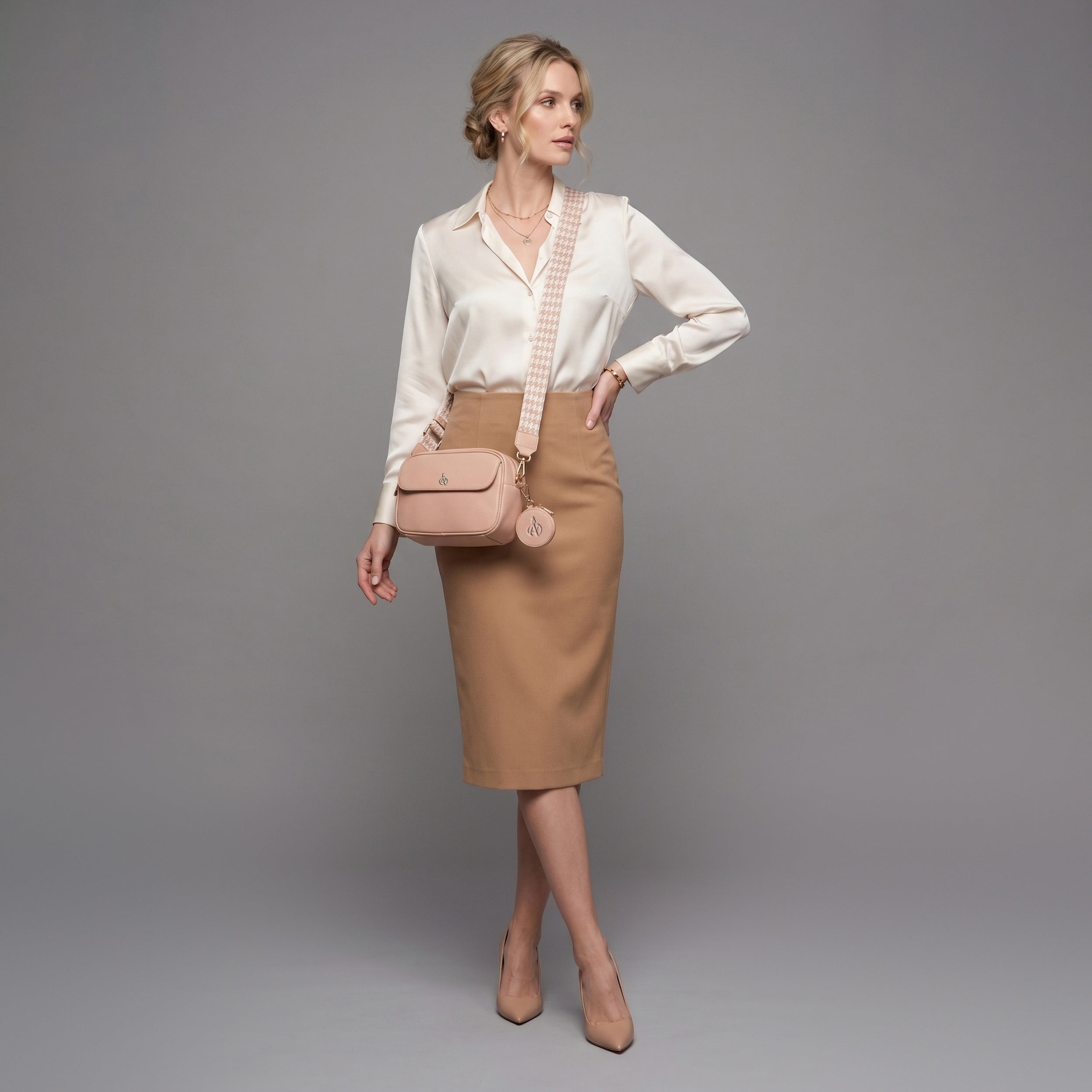 'HACKNEY' Peach Pebble Grain Real Leather Crossbody Bag