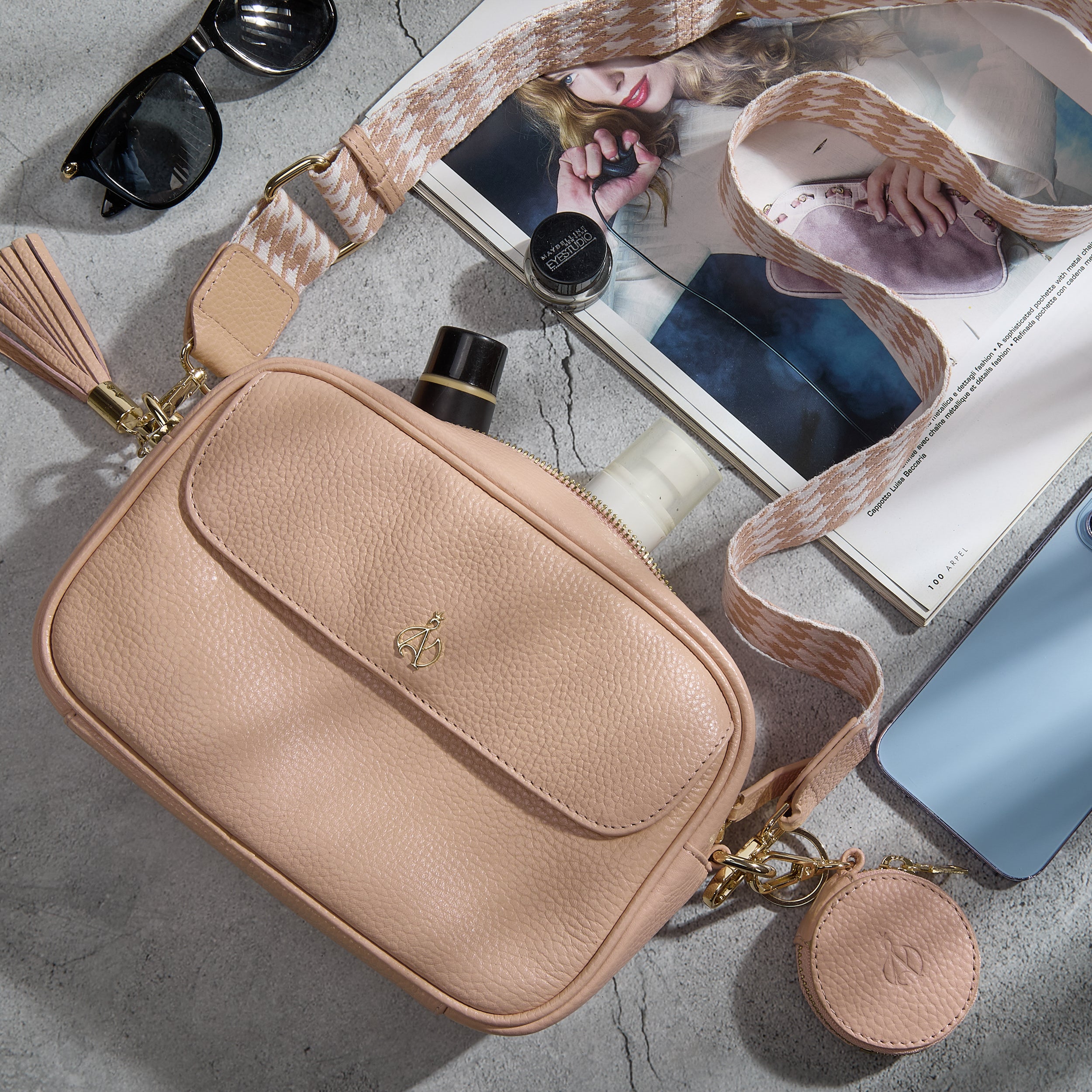 'HACKNEY' Peach Pebble Grain Real Leather Crossbody Bag