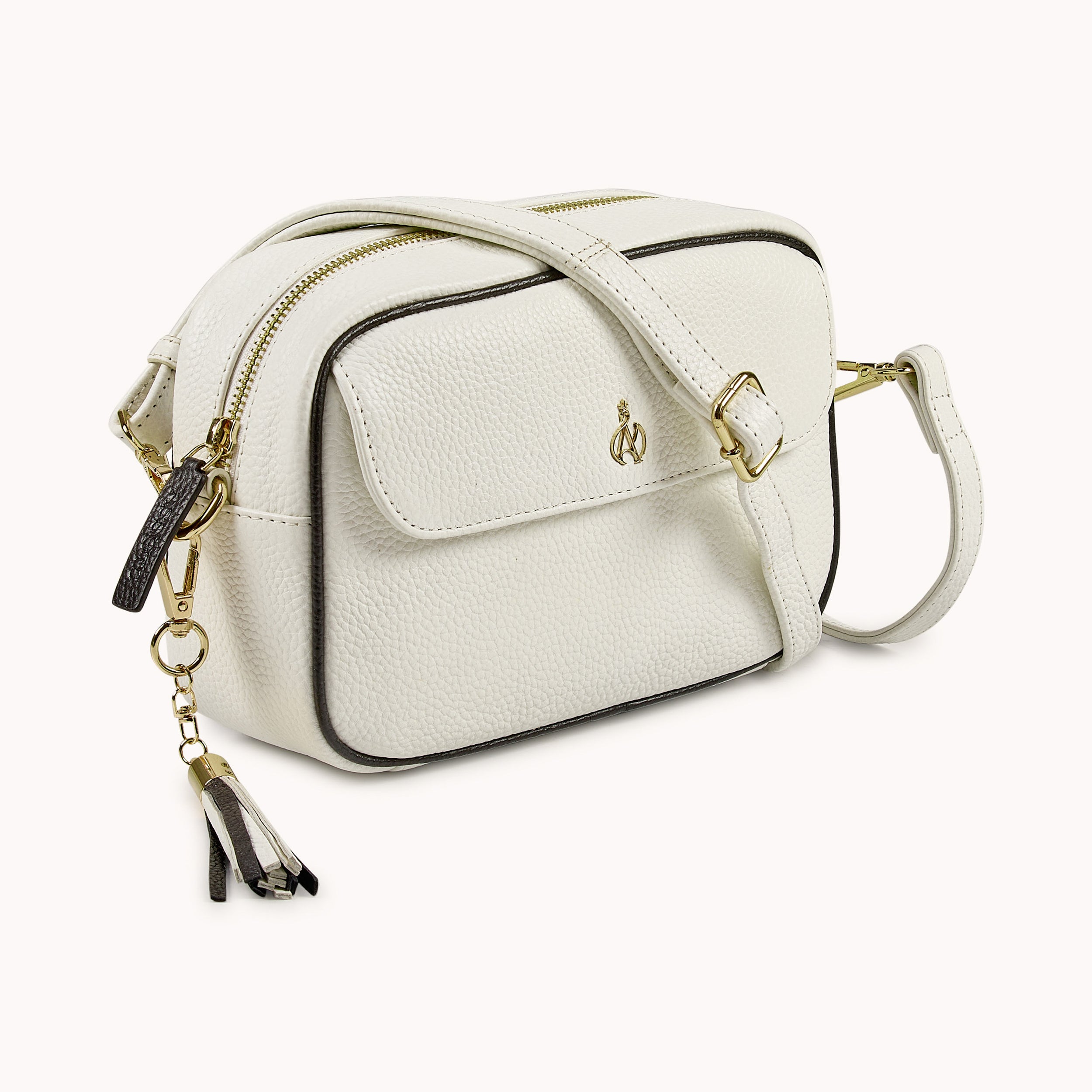 'HACKNEY' White & Black Pebble Grain Real Leather Crossbody Bag