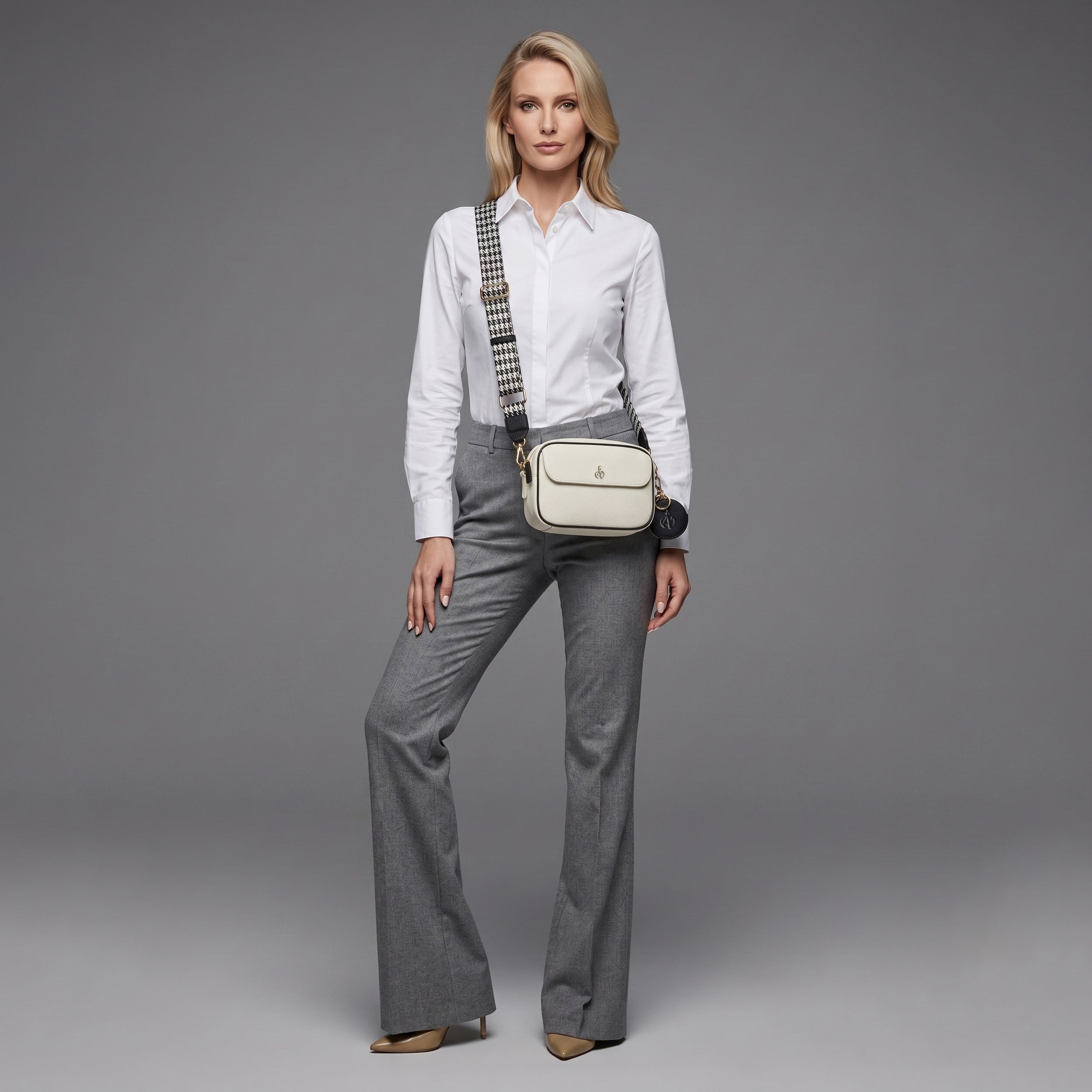 'HACKNEY' White & Black Pebble Grain Real Leather Crossbody Bag