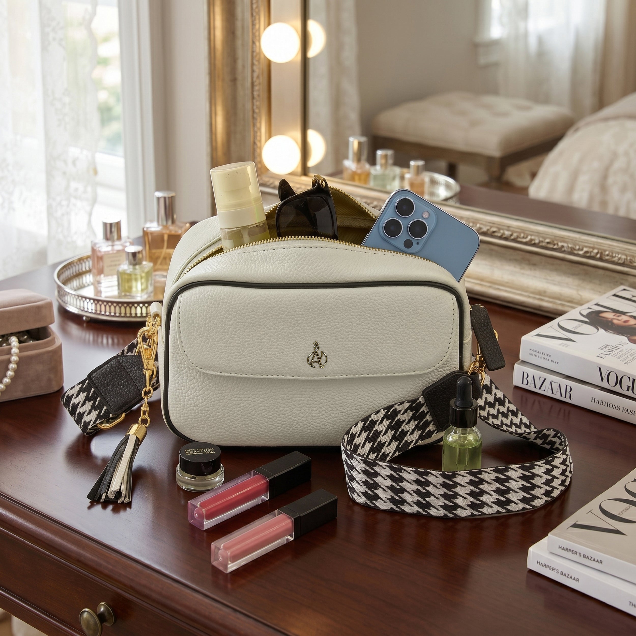 'HACKNEY' White & Black Pebble Grain Real Leather Crossbody Bag