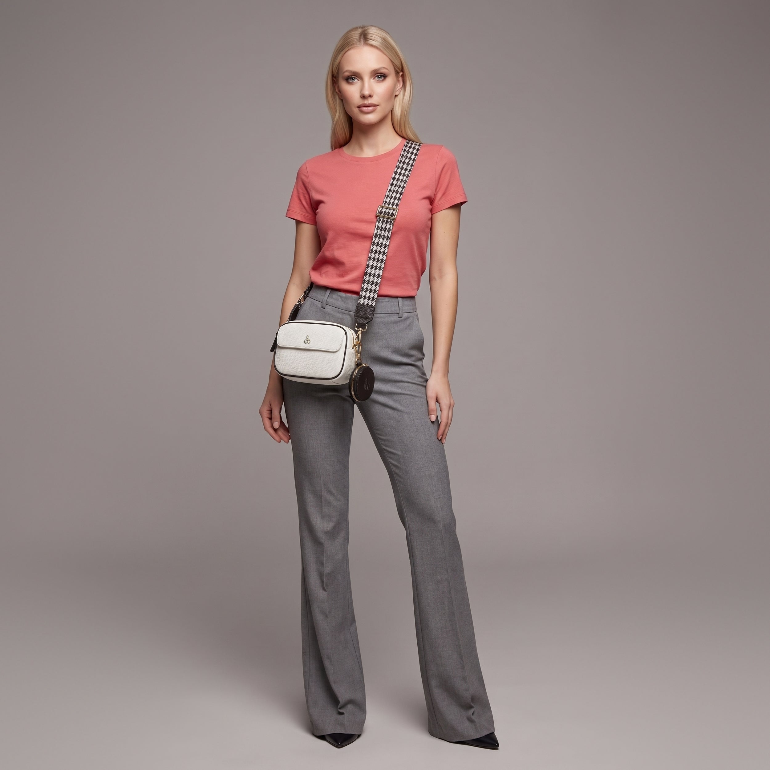 'HACKNEY MINI' White & Black Pebble Grain Real Leather Crossbody Bag