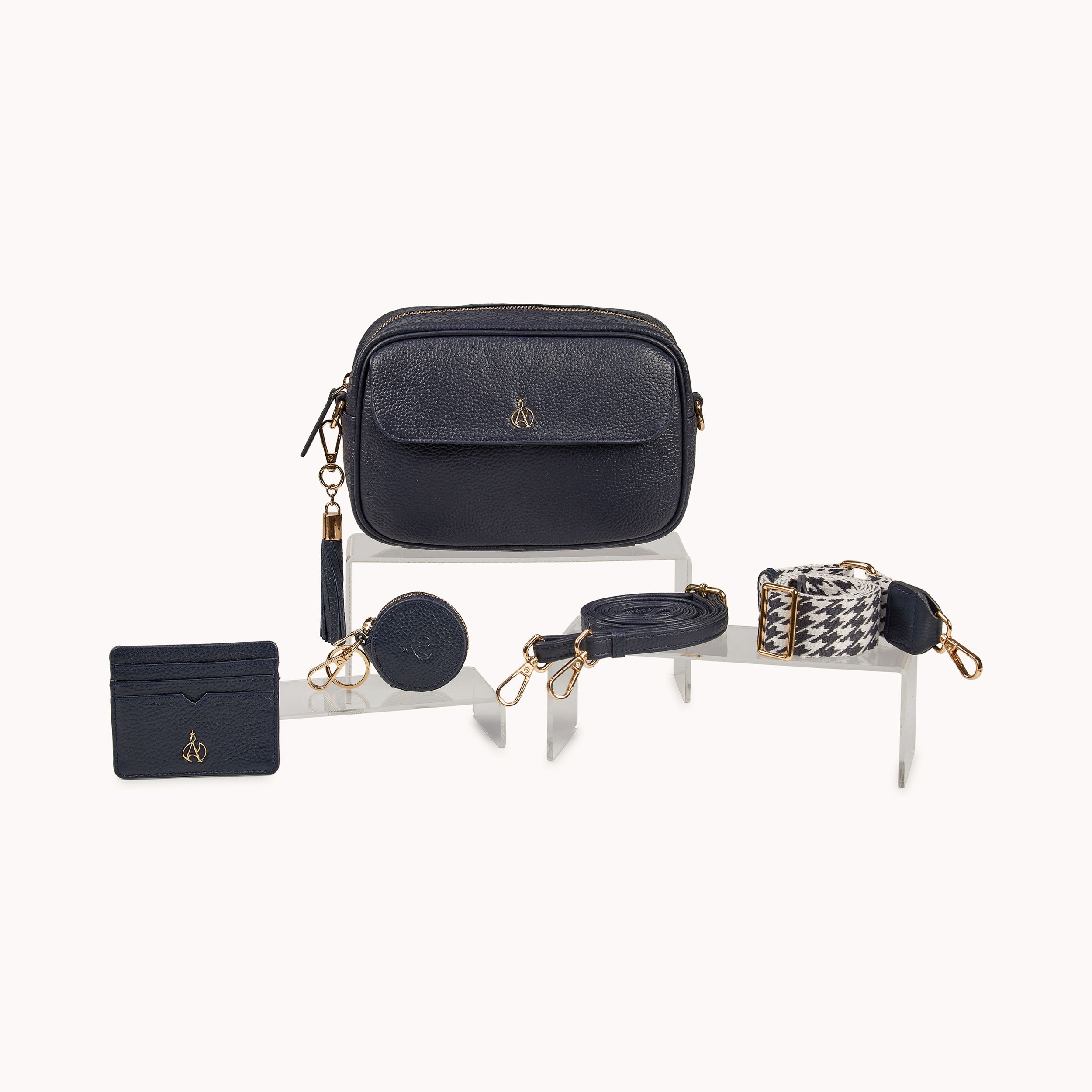 'HACKNEY' Navy Pebble Grain Real Leather Crossbody Bag