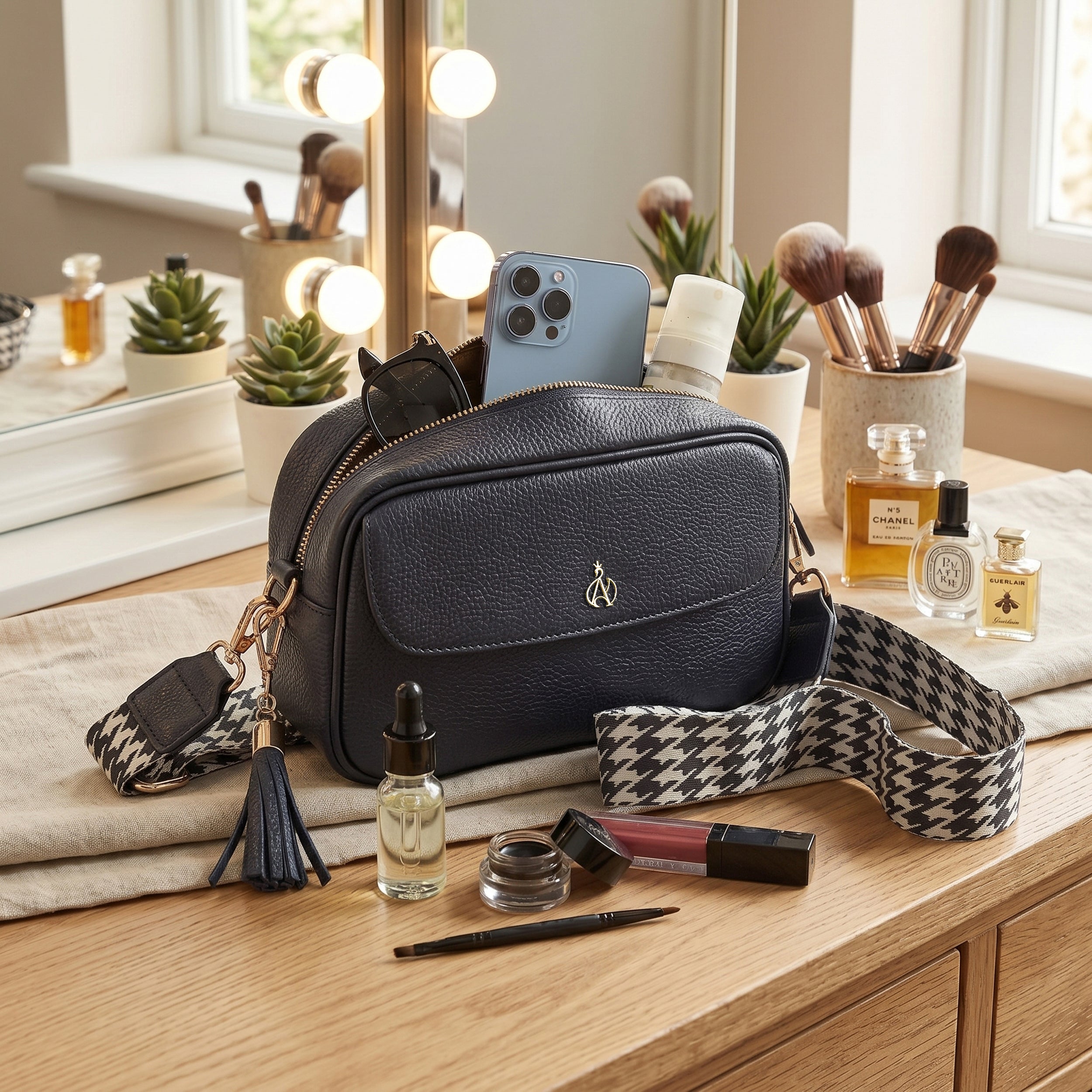 'HACKNEY' Navy Pebble Grain Real Leather Crossbody Bag