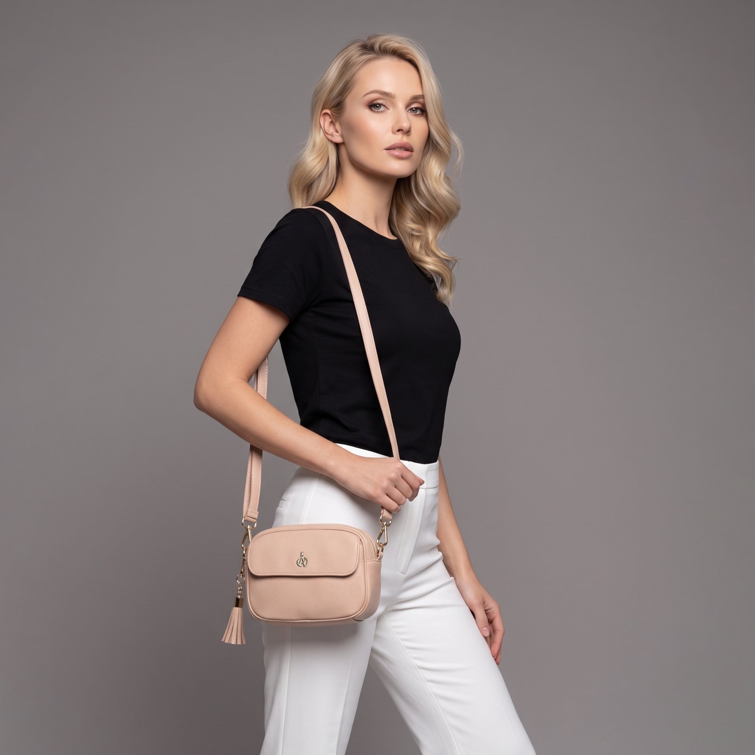 'HACKNEY MINI' Peach Pebble Grain Real Leather Crossbody Bag