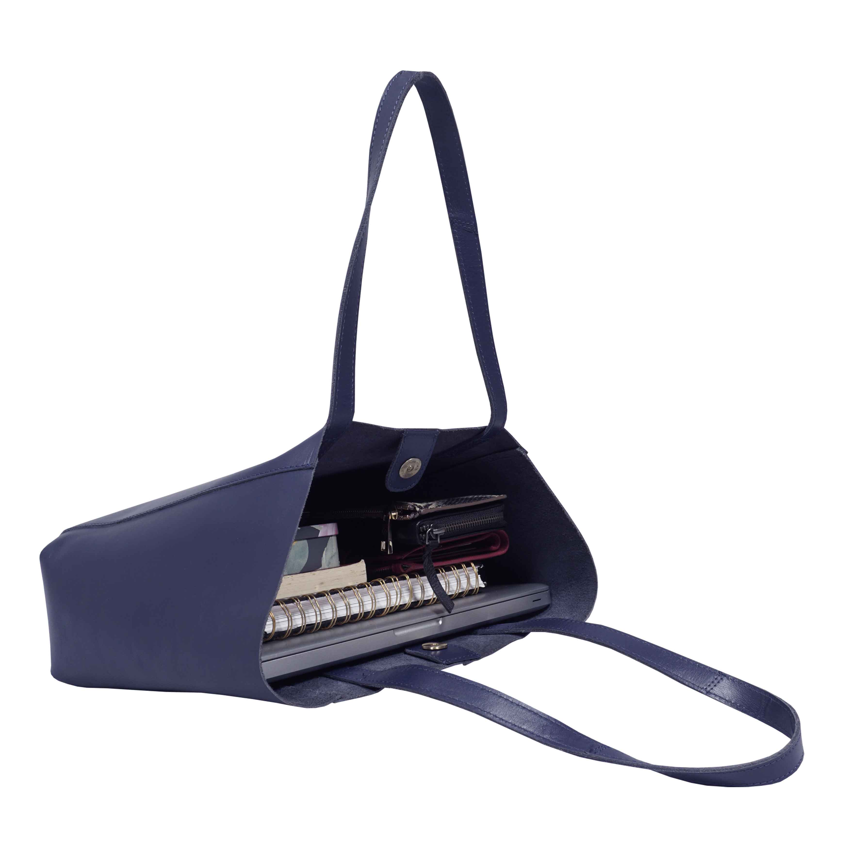 'ADELA' Navy Smooth Real Leather Unlined Designer Tote Bag