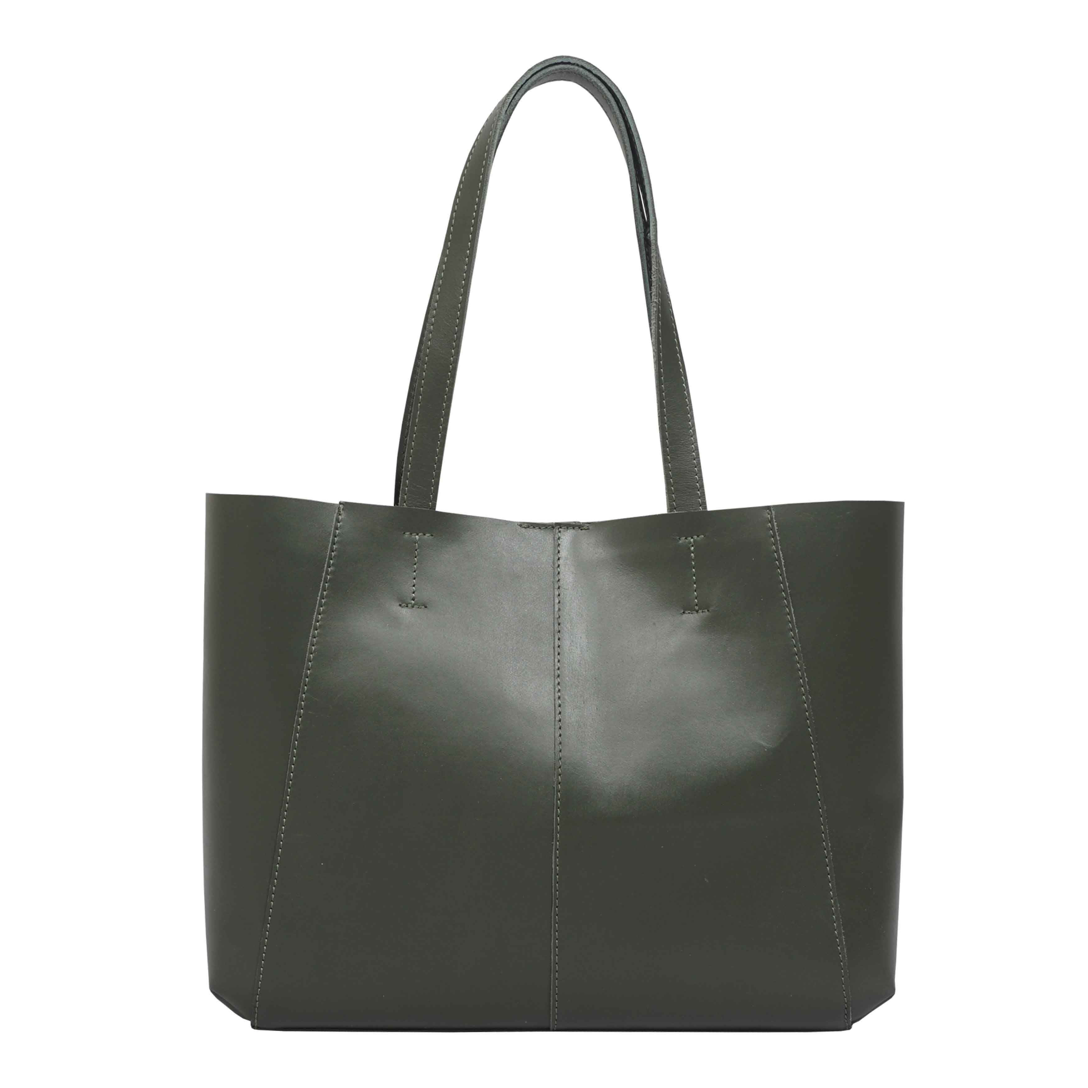 'ADELA' Khaki Smooth Real Leather Unlined Designer Tote Bag