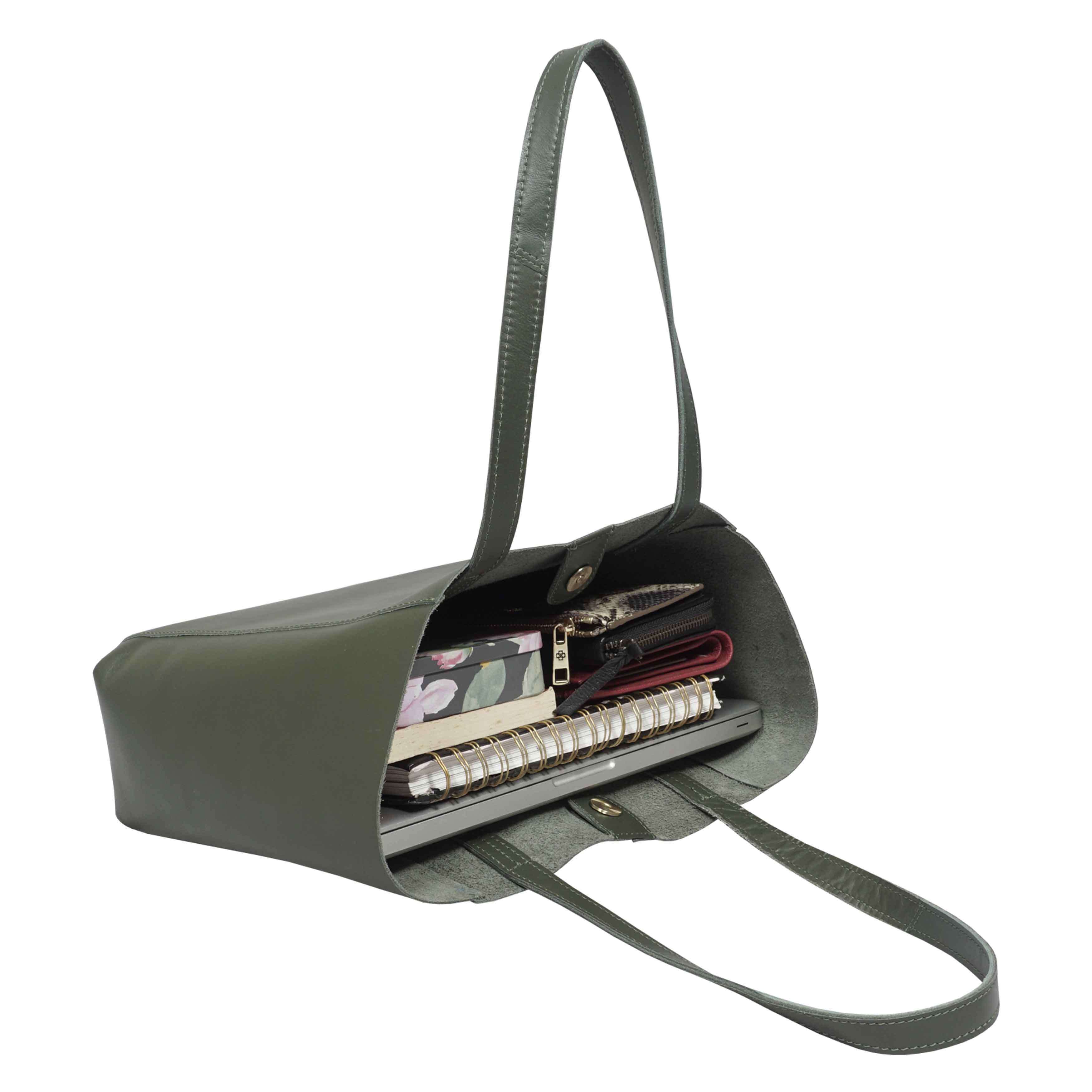 'ADELA' Khaki Smooth Real Leather Unlined Designer Tote Bag