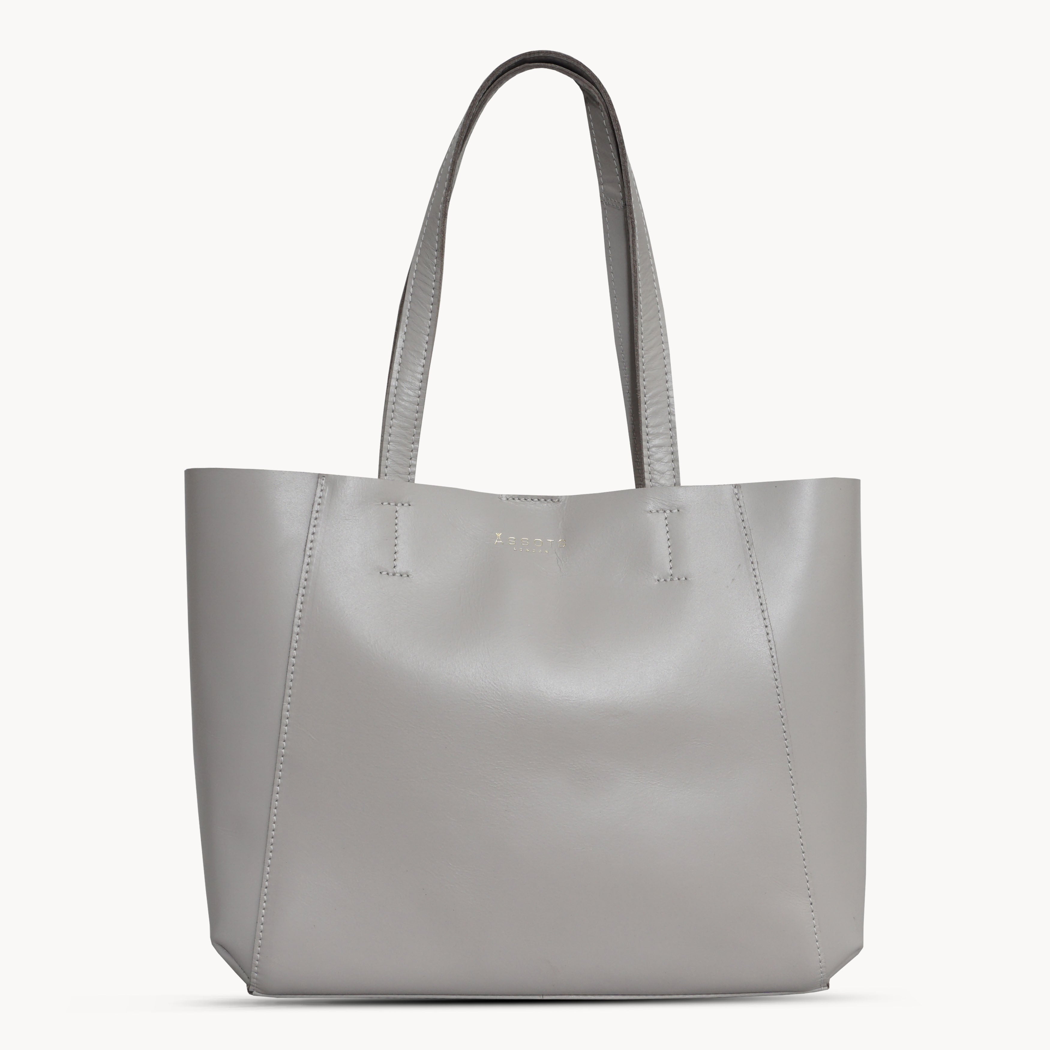 'ADELA' Ice Grey Smooth Real Leather Unlined Designer Tote Bag