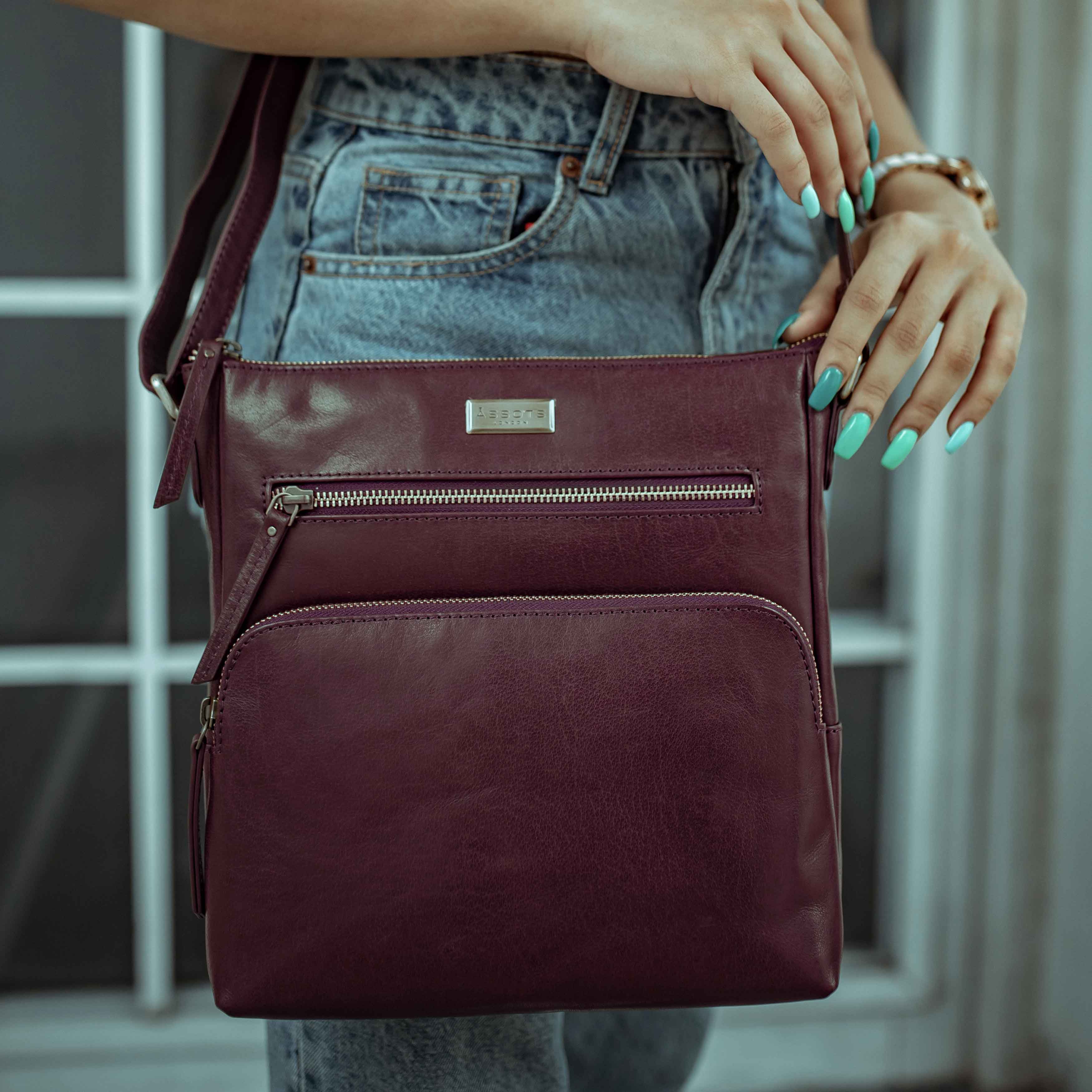 'AGATHA' Plum Vintage Polished VT Real Leather Crossbody Bag