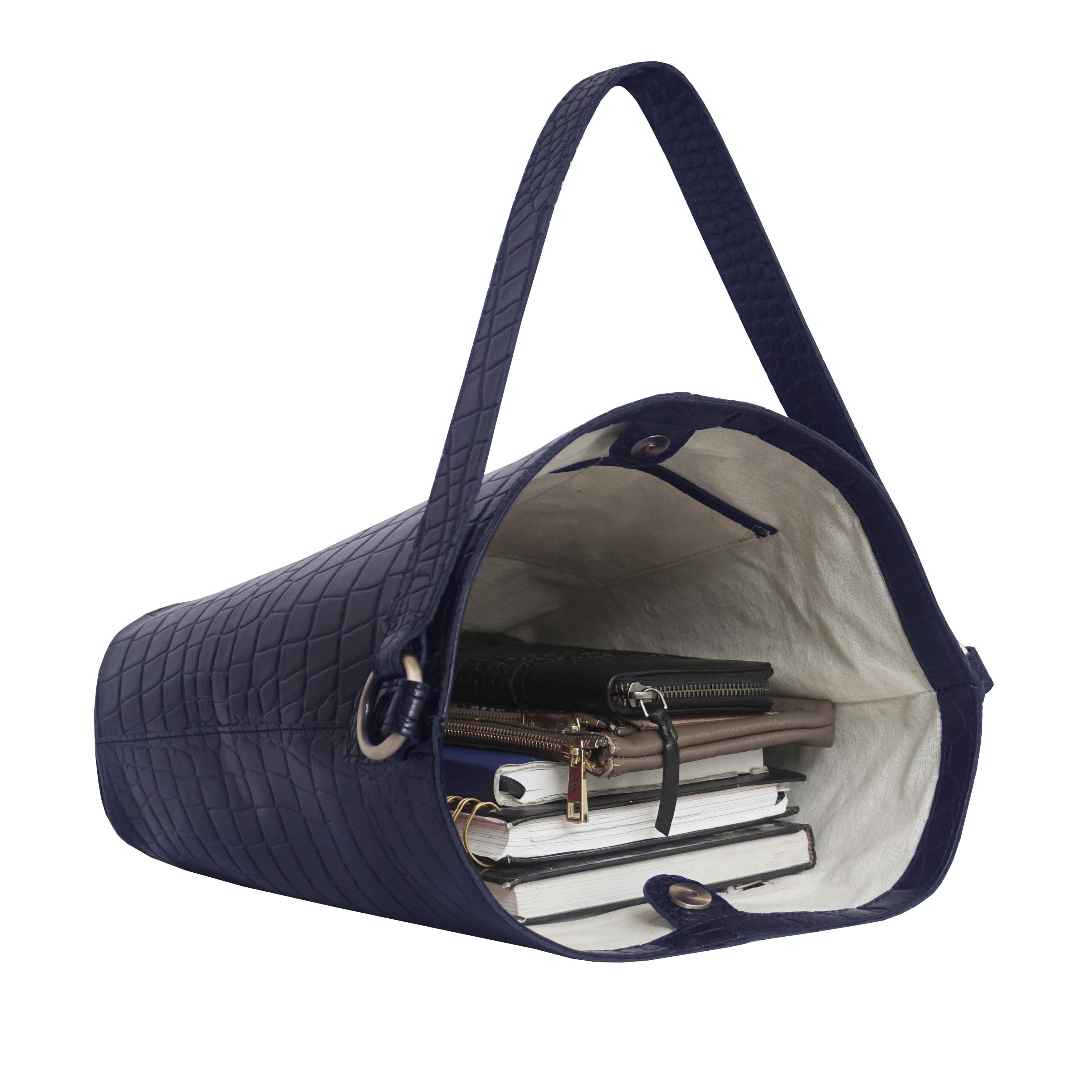 'AMELIA' Navy Real Croc Leather Large Capacity Bucket Bag