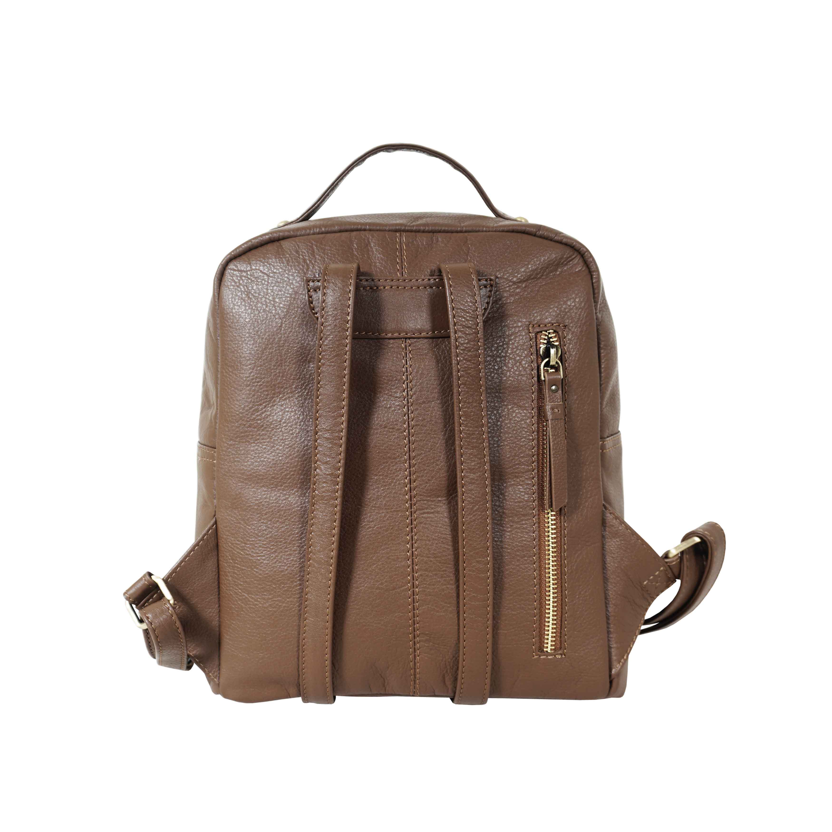 'ANGEL' Tan Pebble Grain Real Leather Zip-top Backpack