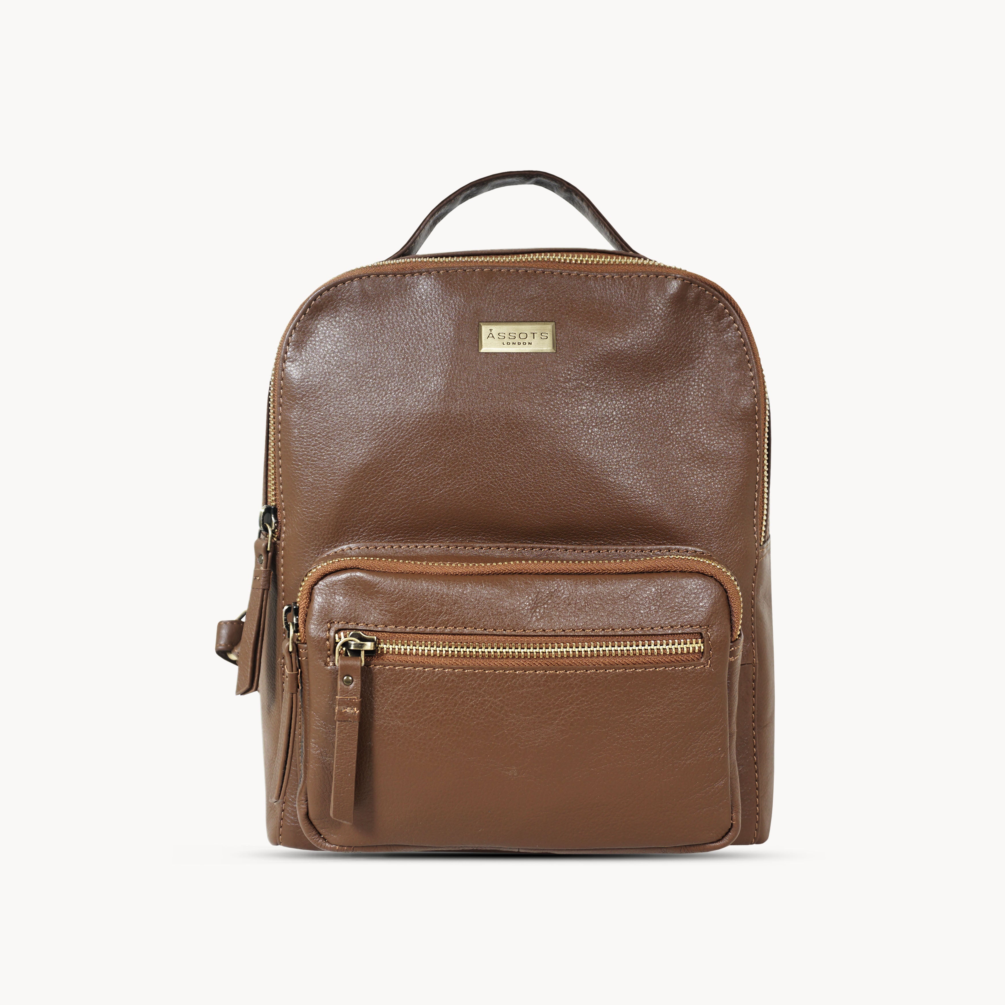 'ANGEL' Tan Pebble Grain Real Leather Zip-top Backpack