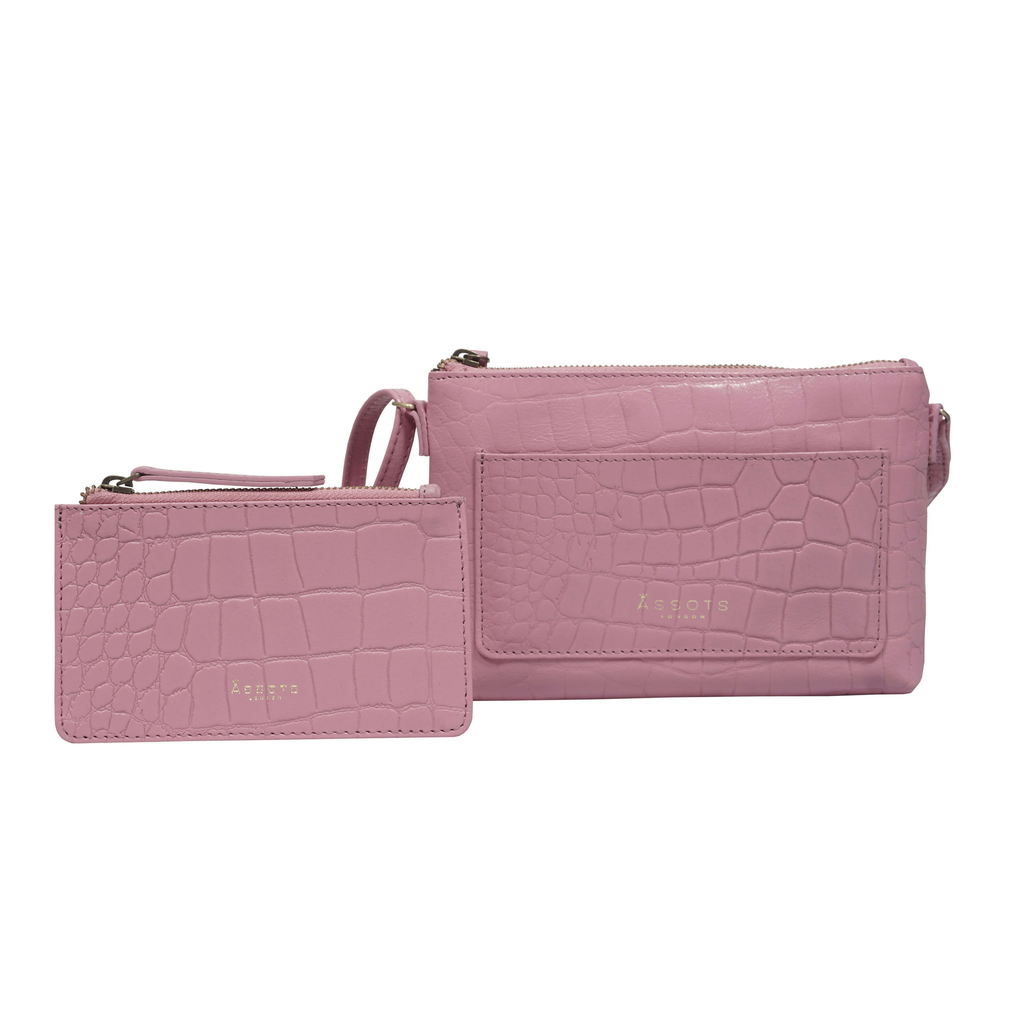'ARIA' Pink Croc Real Leather Crossbody Bag & Purse Set