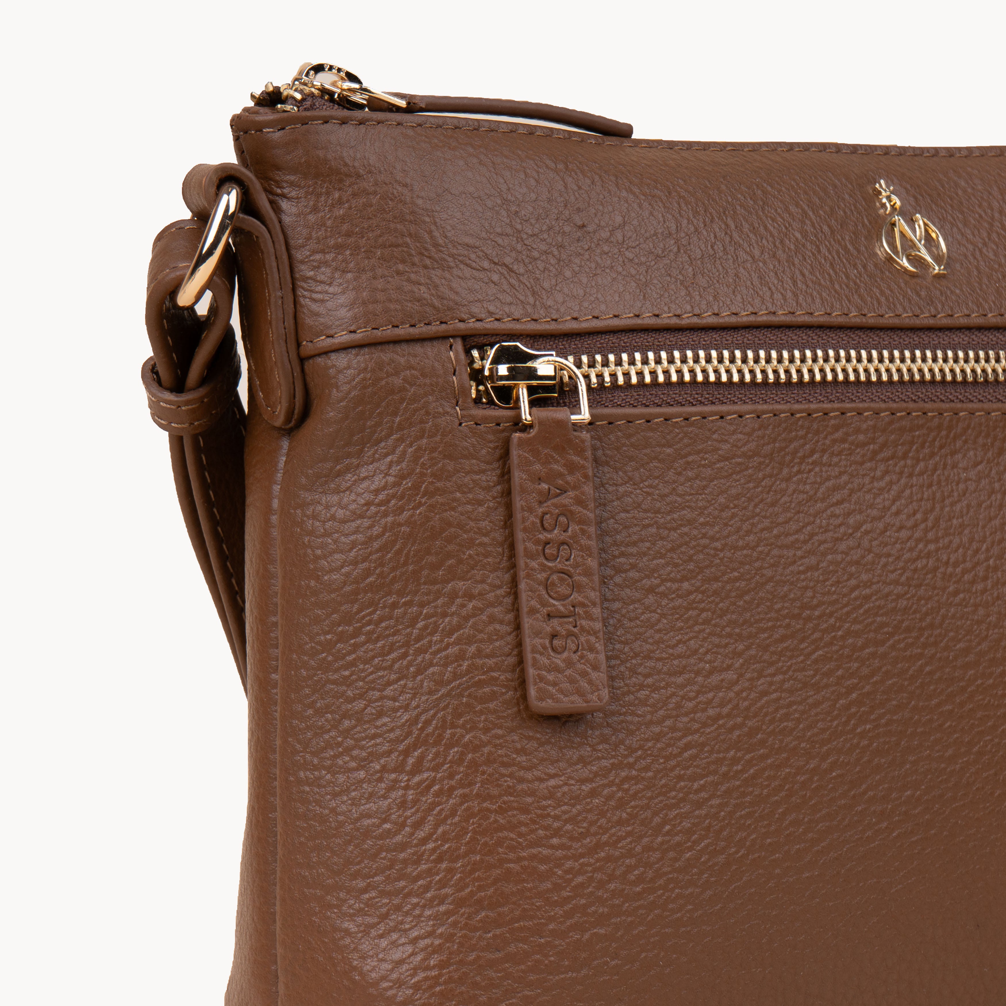 'BECKY' Tan Pebble Grain Real Leather Crossbody Bag