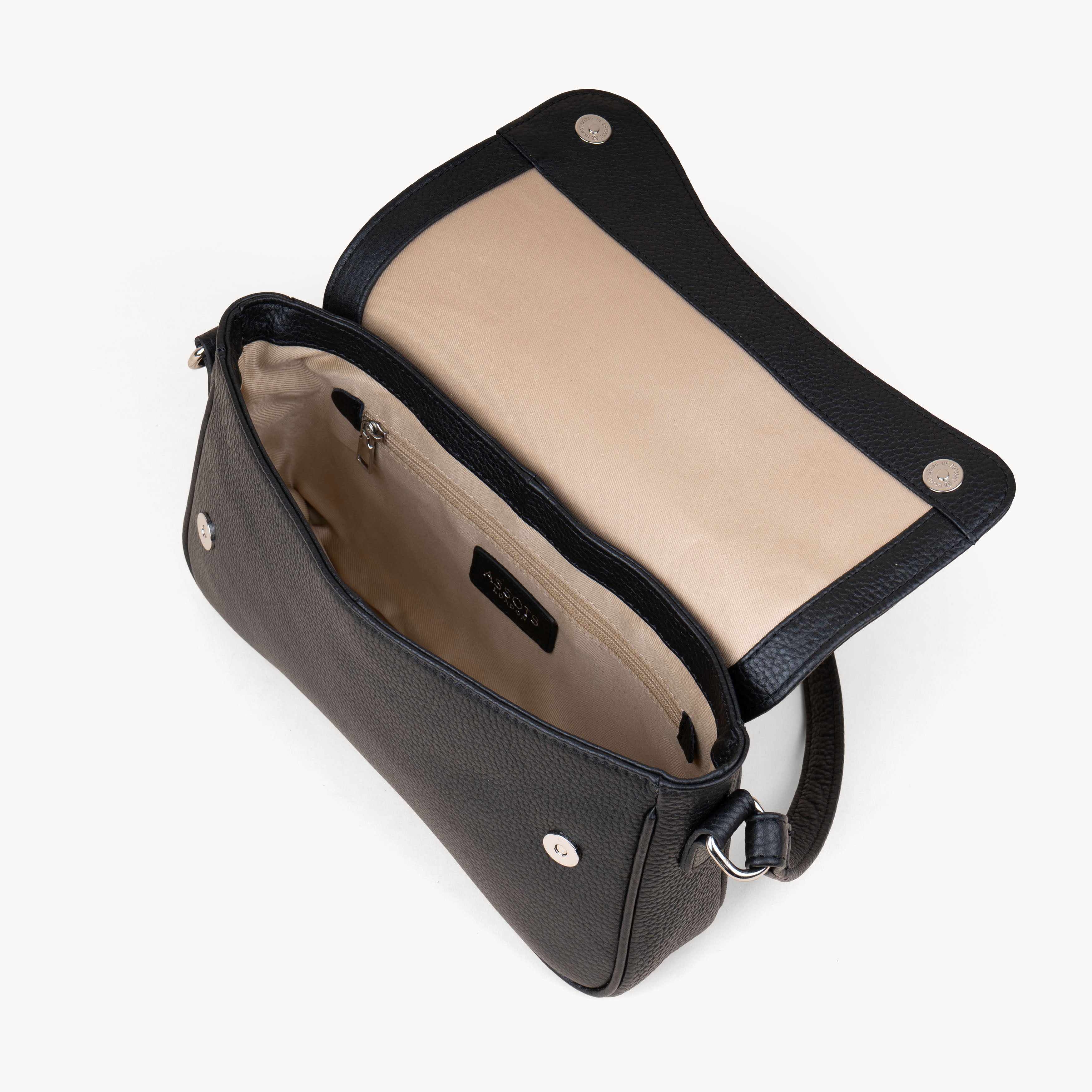 'Beverly' Black Pebble Grain Real Leather Shoulder Bag