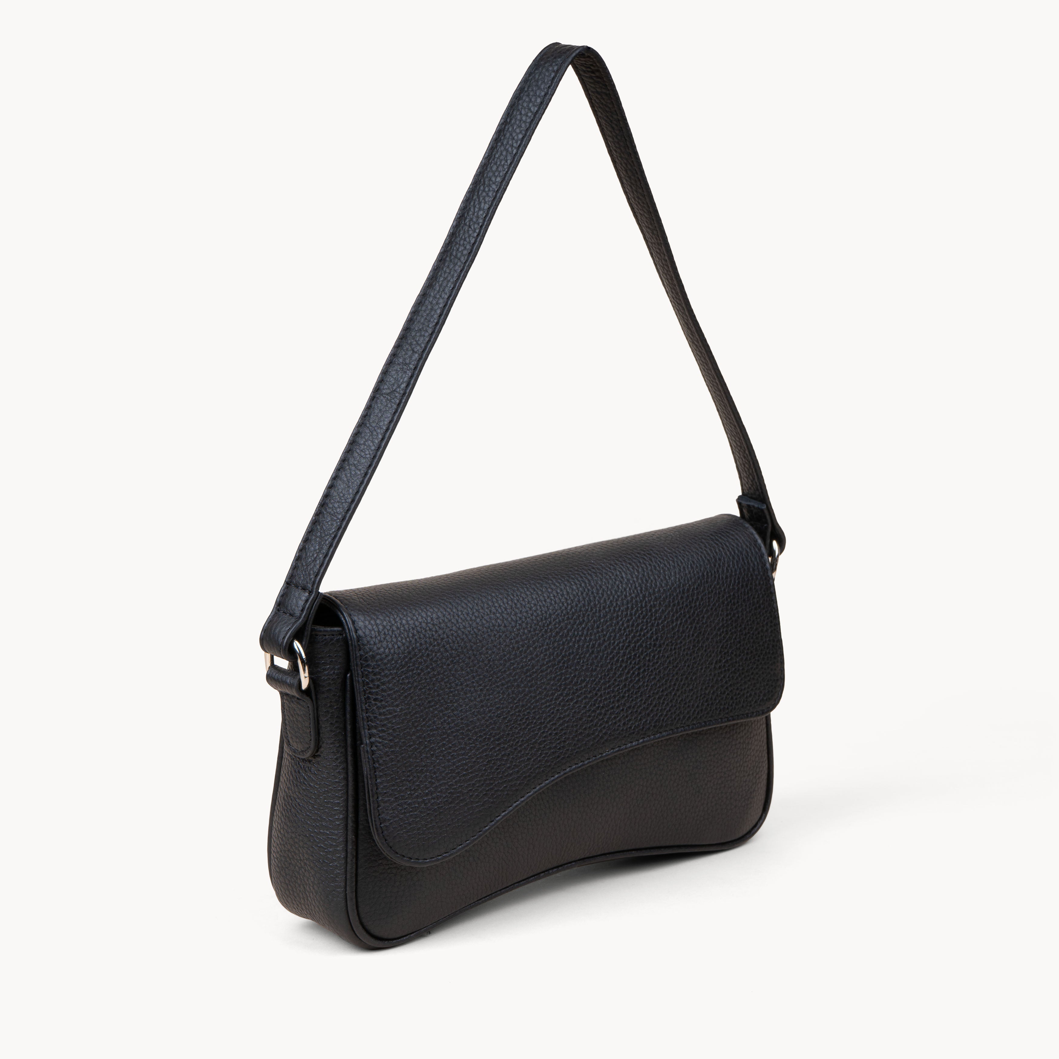 'Beverly' Black Pebble Grain Real Leather Shoulder Bag