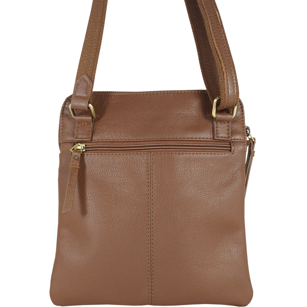 'ELSIE' Tan Pebble Grain Leather Zip Top Crossbody Bag