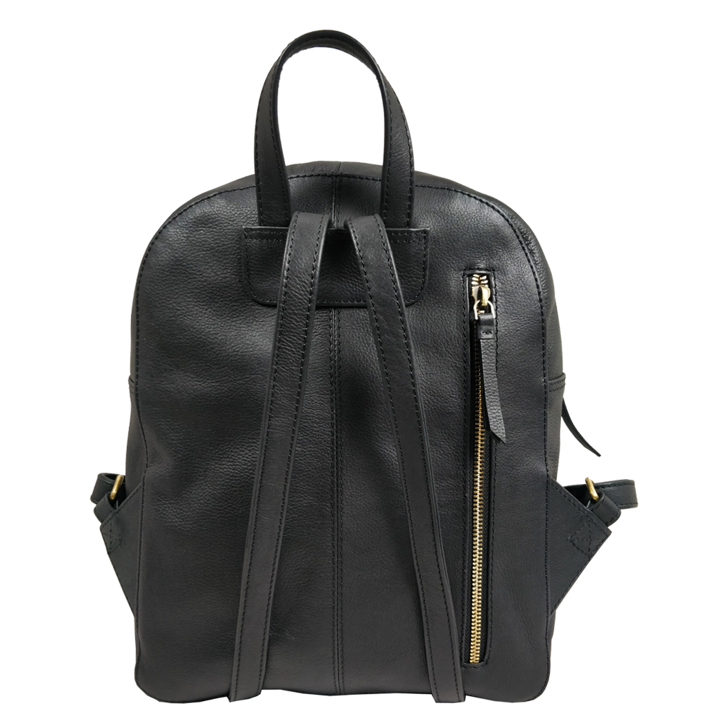 'MANOR' Black Full Grain Leather Zip-top Backpack