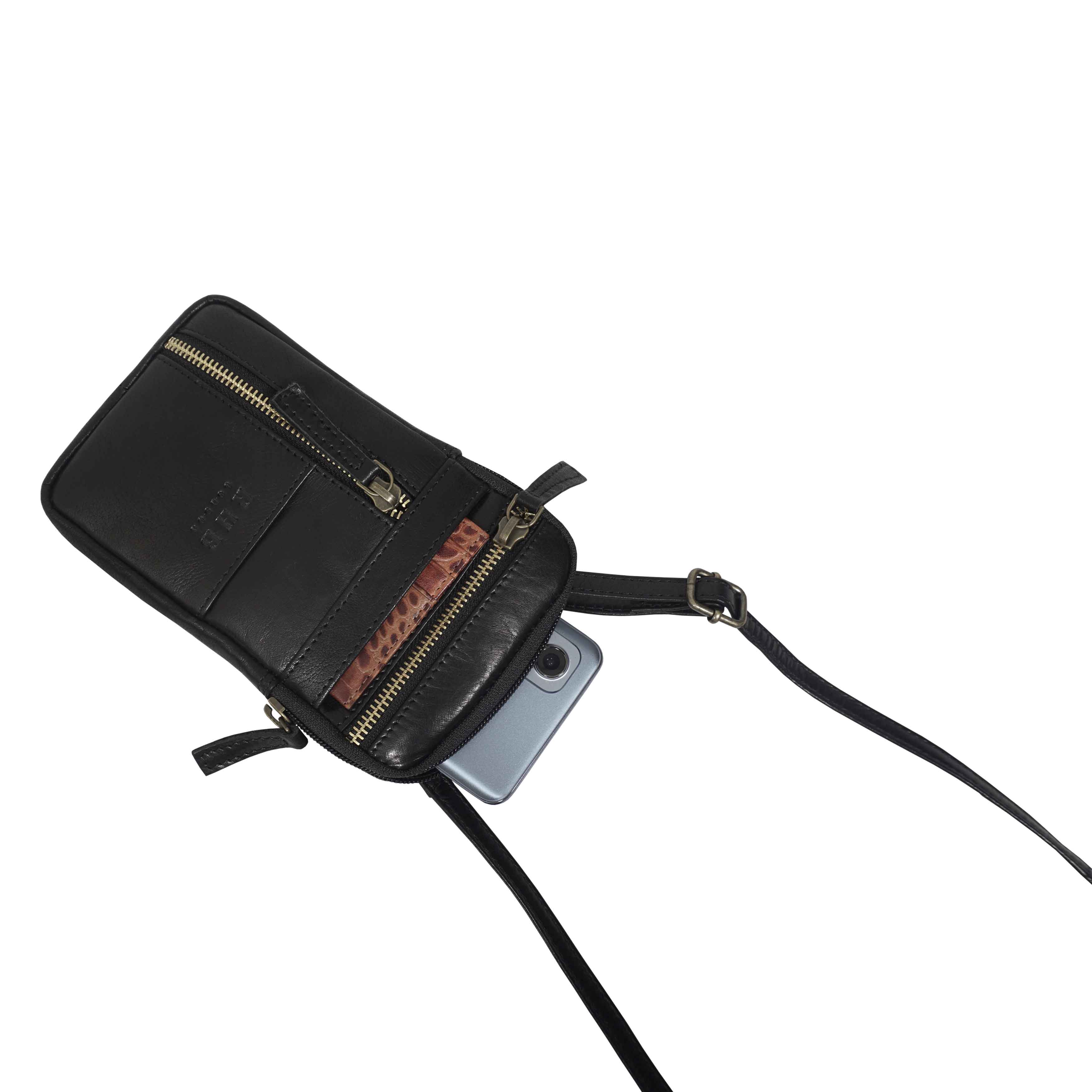 'BROOKE' Black Polished VT Real Leather Mobile Phone Crossbody Bag