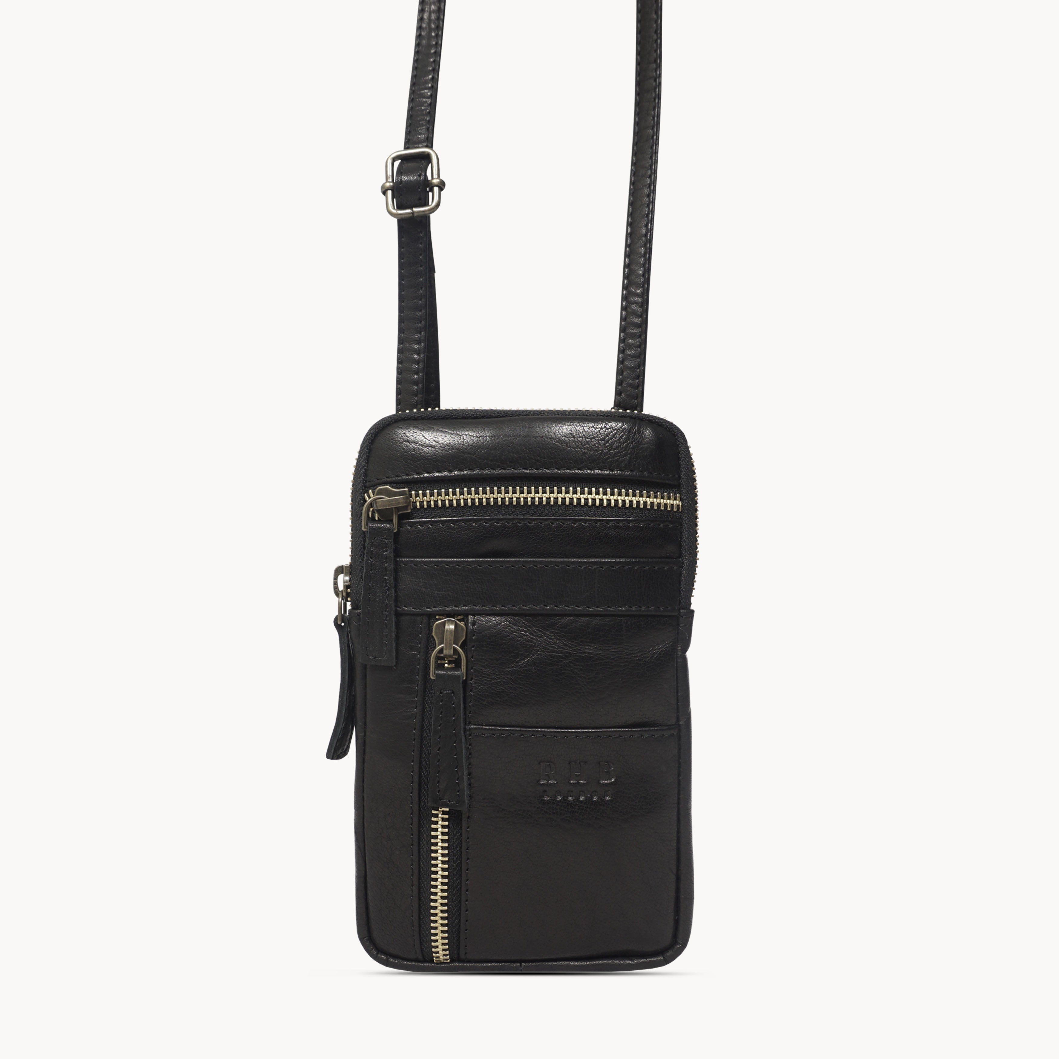 'BROOKE' Black Polished VT Real Leather Mobile Phone Crossbody Bag