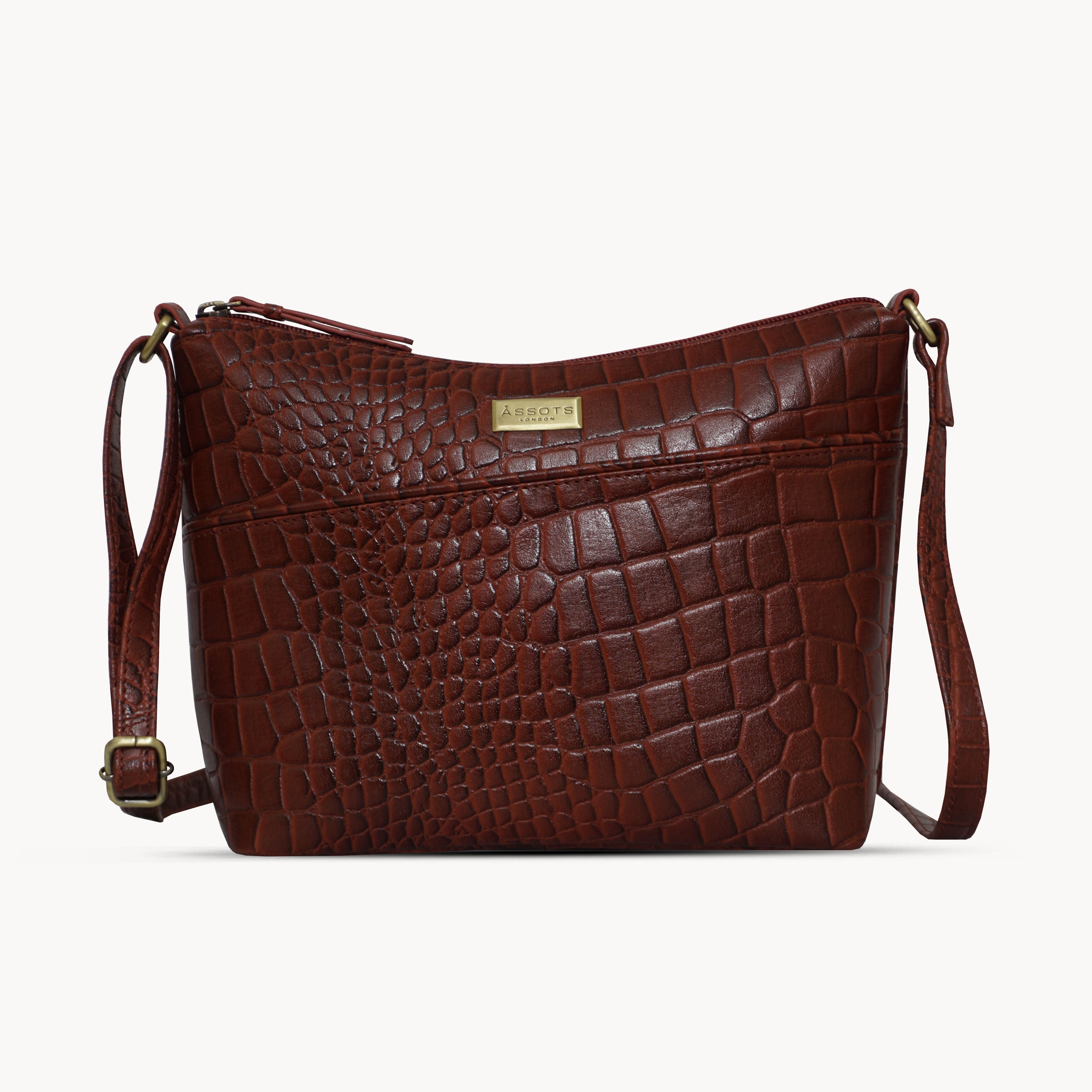 'CAROL' Brown Croc Real Leather Designer Crossbody Shoulder Bag