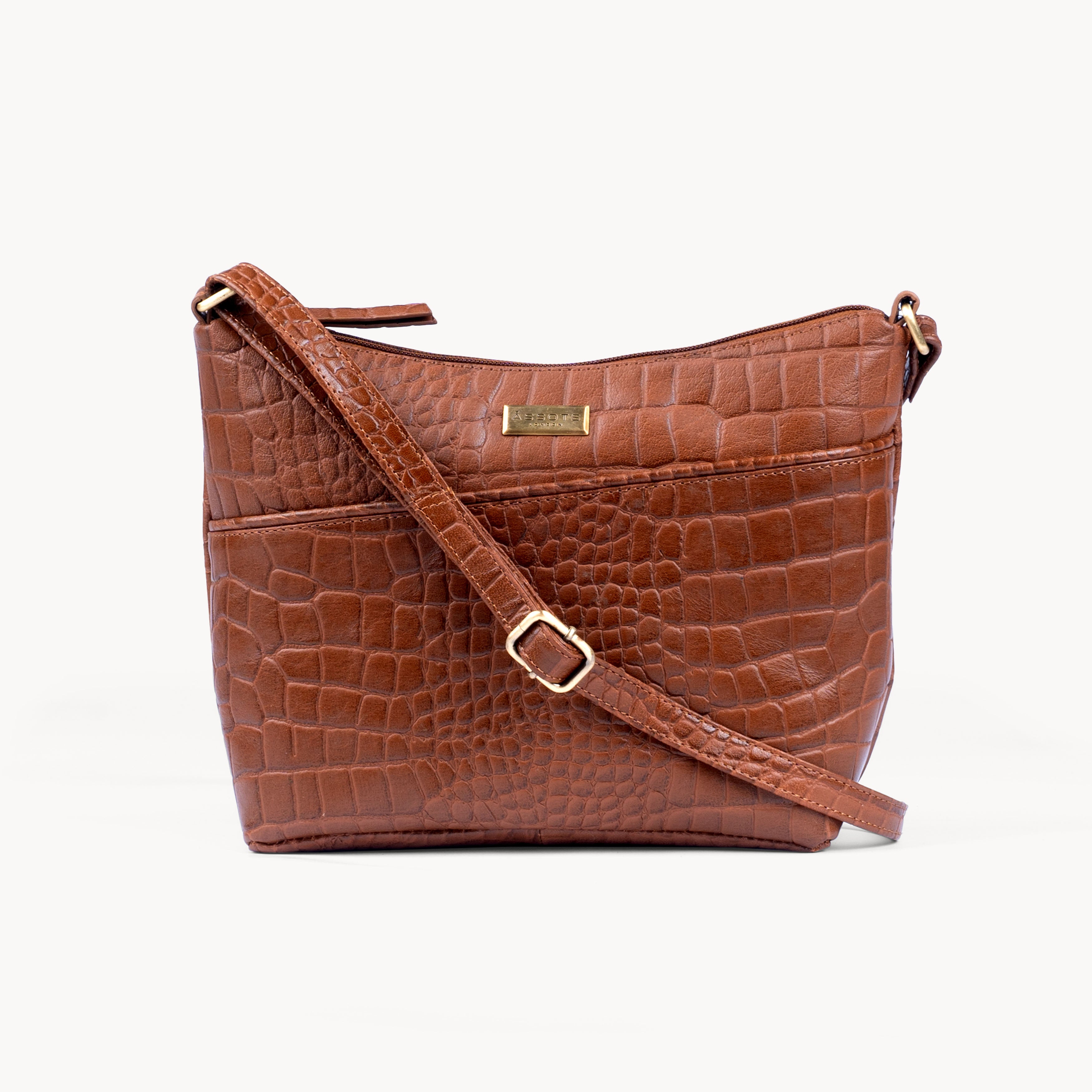 'CAROL' Tan Croc Real Leather Designer Crossbody Shoulder Bag