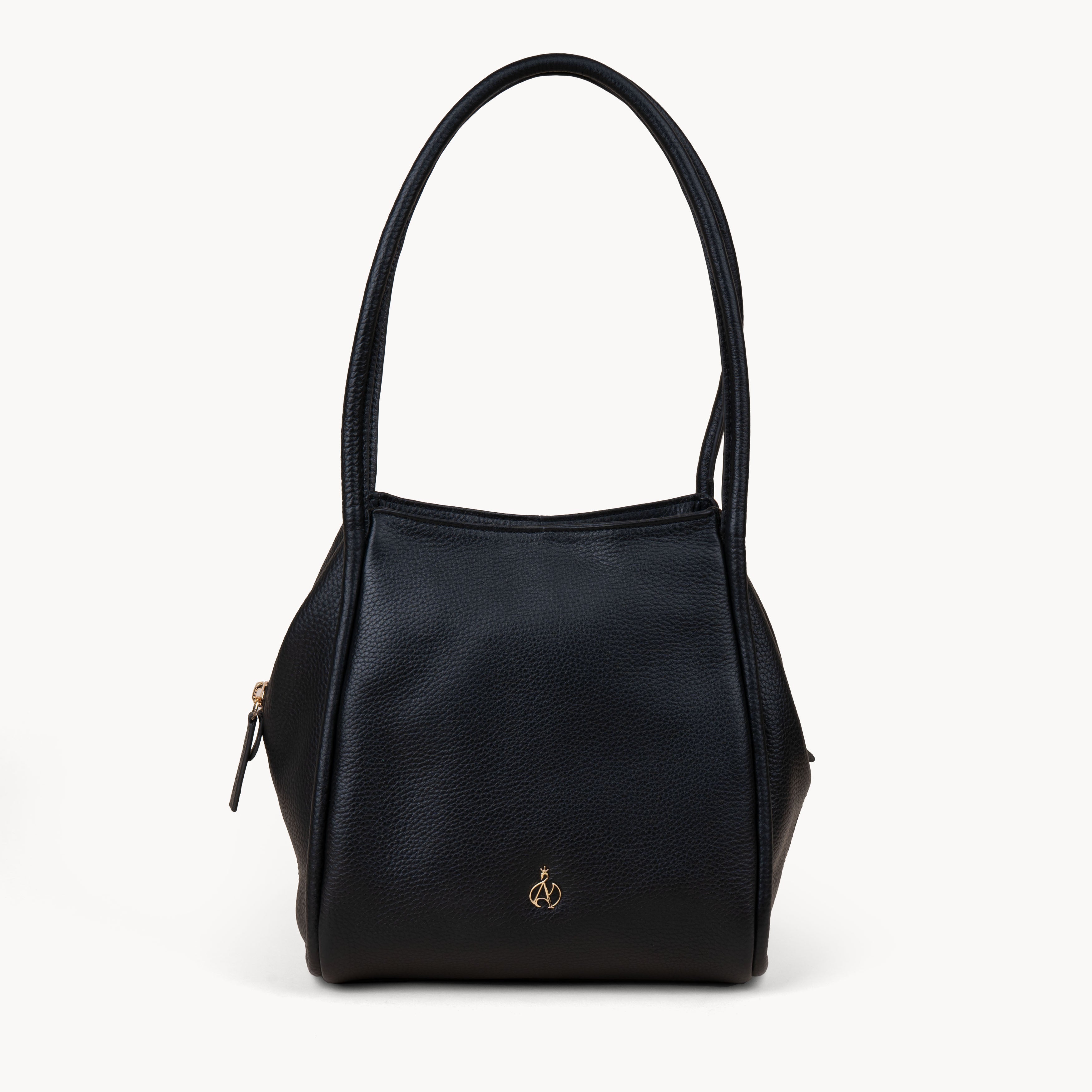 'Debbie' Black Pebble Grain Real Leather Shoulder Bag