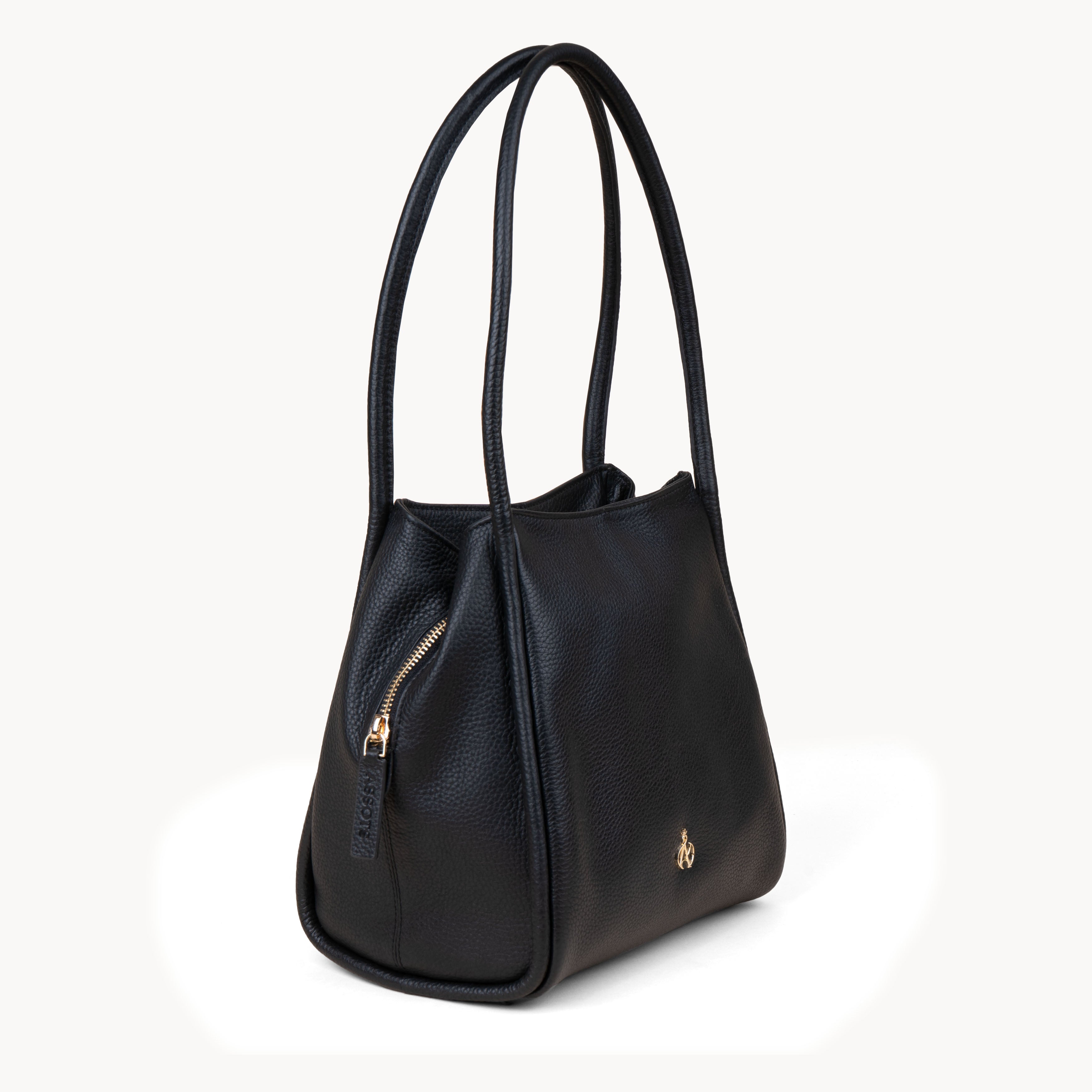 'Debbie' Black Pebble Grain Real Leather Shoulder Bag