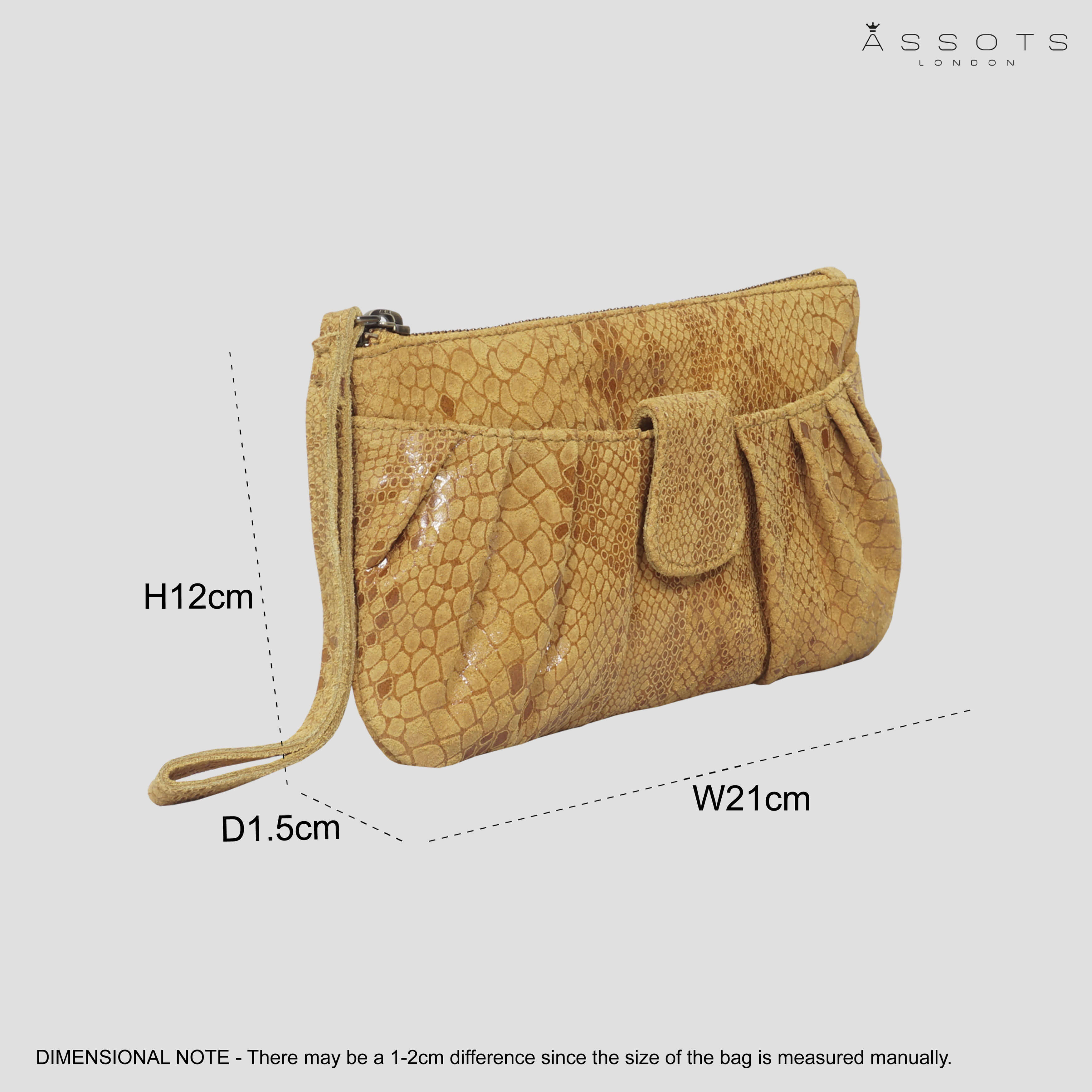 'DARCY' Mustard Pleated Snake Print Real Leather Wristlet Pouch