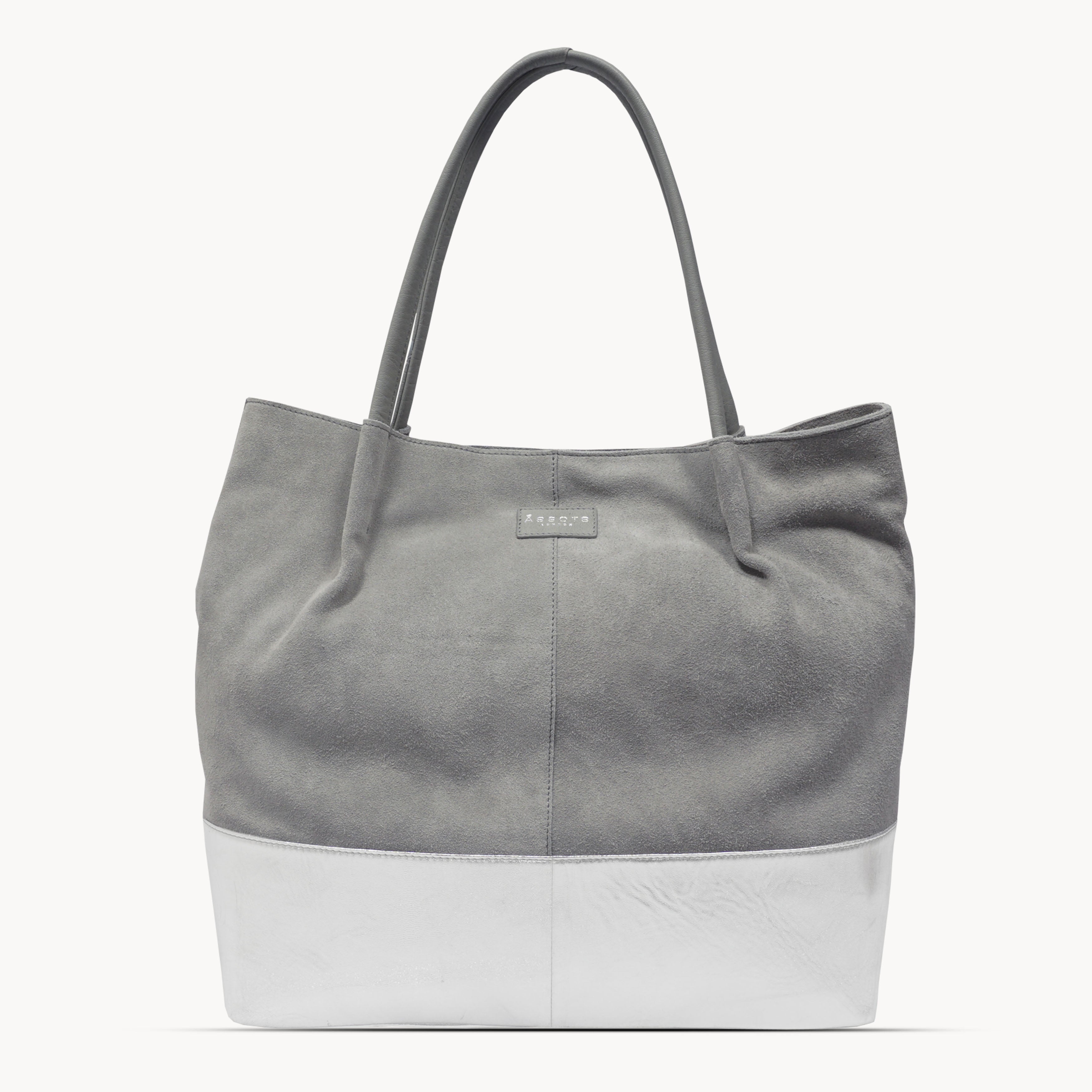'DONNA' Grey and Metallic Silver Real Leather Unlined Designer Shopper Bag