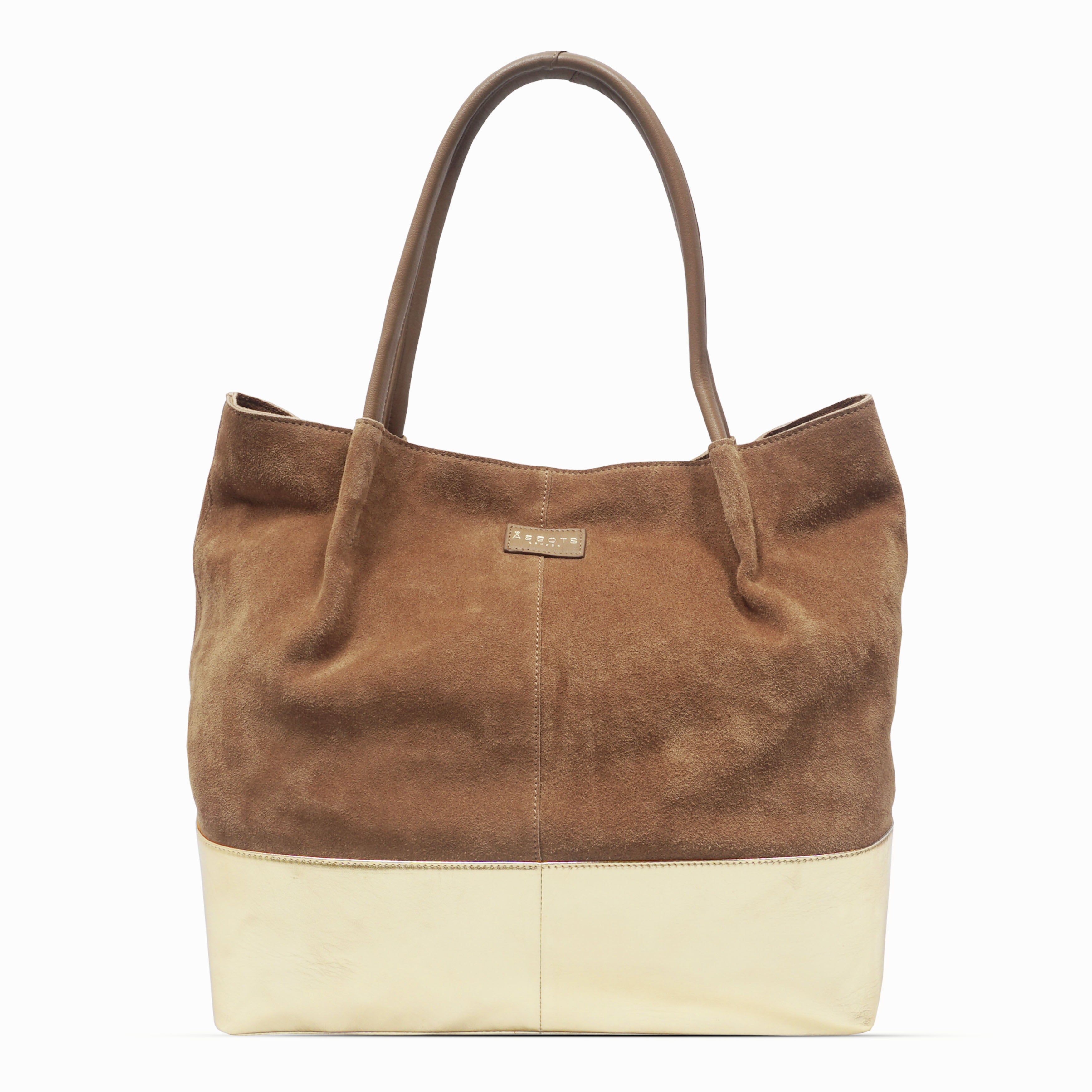 'DONNA' Tan and Metallic Yellow Gold Real Leather Unlined Designer Shopper Bag