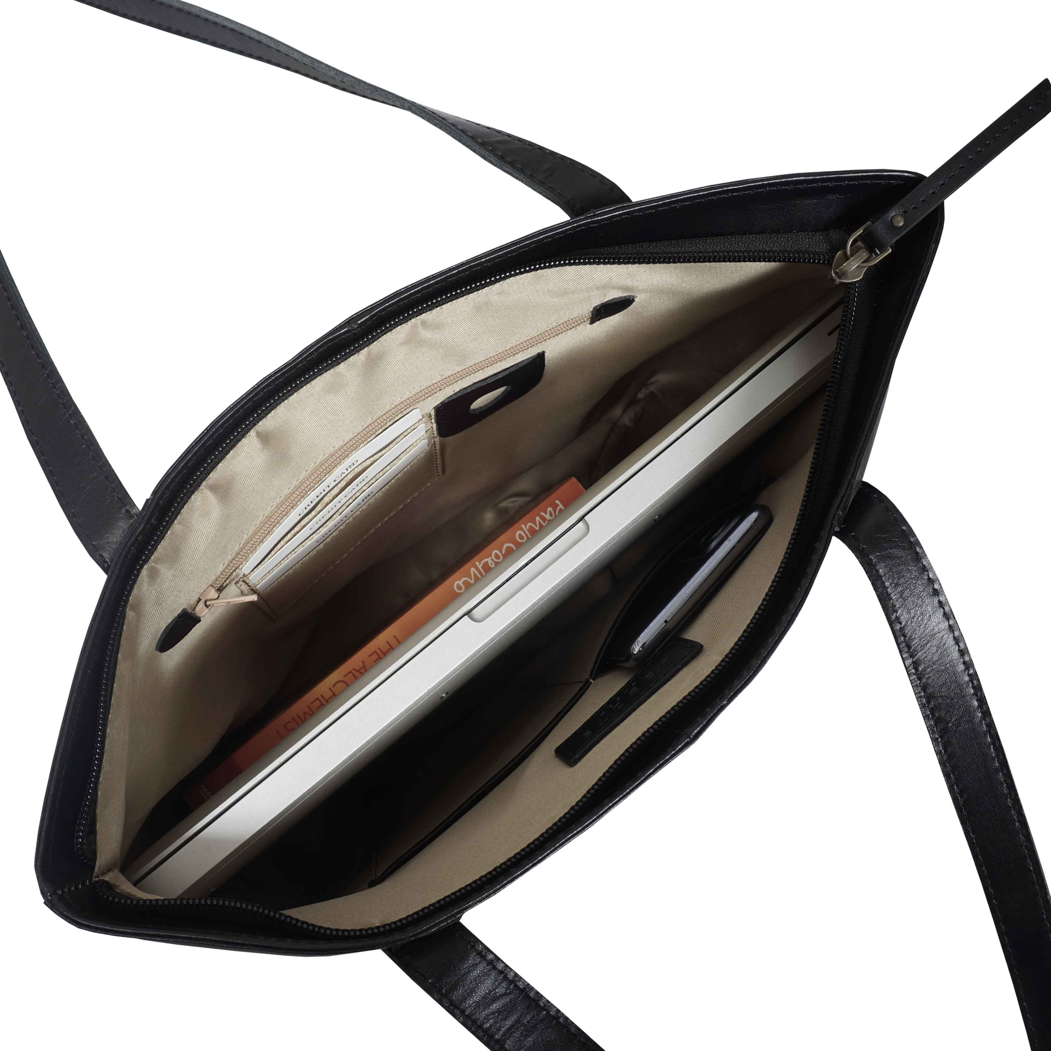 'EVELYN' Black Polished VT Real Leather Designer Tote Work Bag