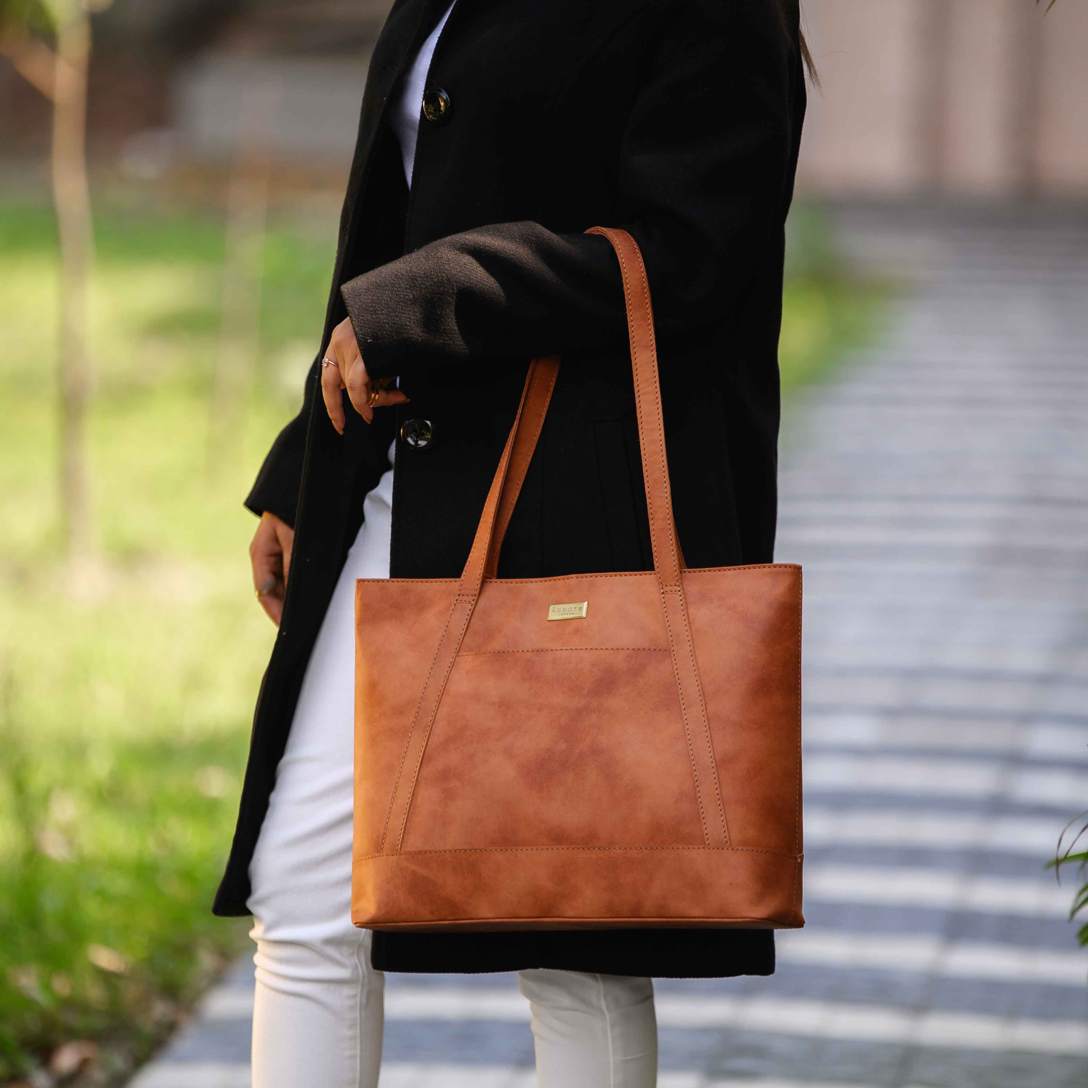 'EVELYN' Tan Walnut Real Distressed Leather Designer Tote Work Bag
