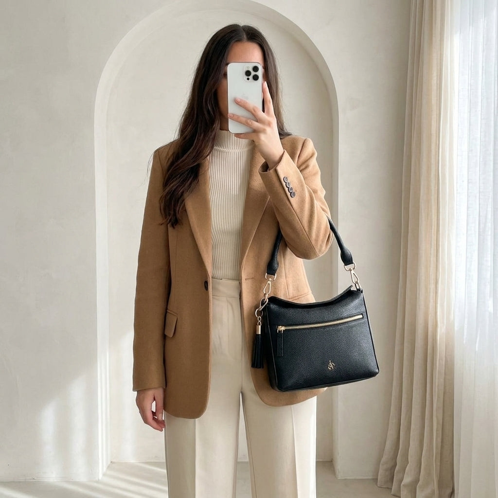 'FIONA' Black Pebble Grain Real Leather Shoulder Bag