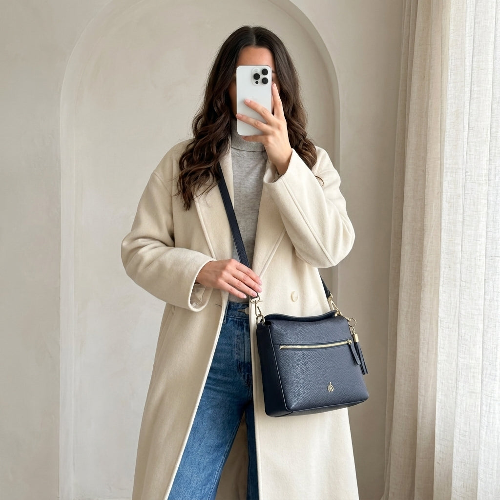 'FIONA' Navy Pebble Grain Real Leather Shoulder Bag