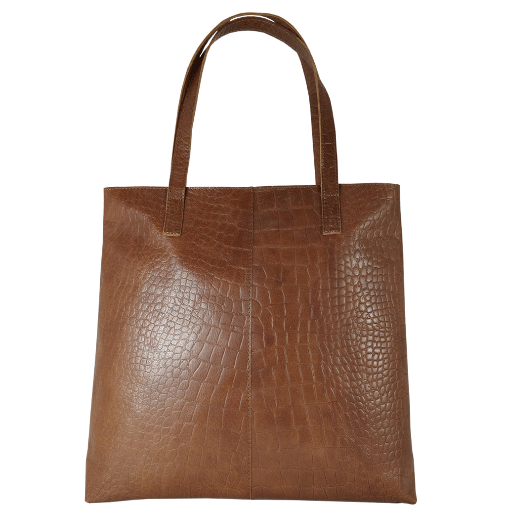 'FREYA' Tan Semi Structured Unlined Croc Leather Tote Bag