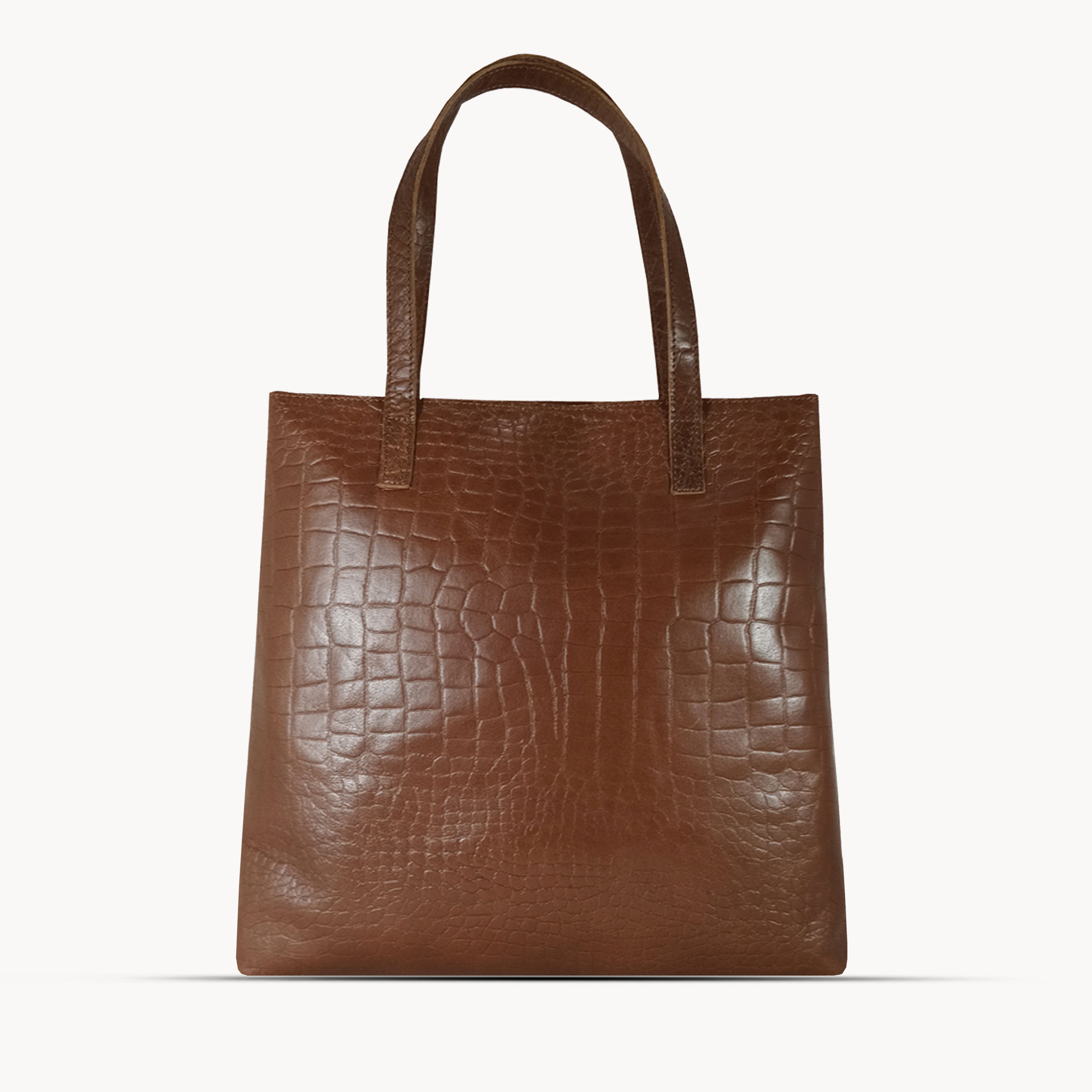 'FREYA' Tan Semi Structured Unlined Croc Leather Tote Bag