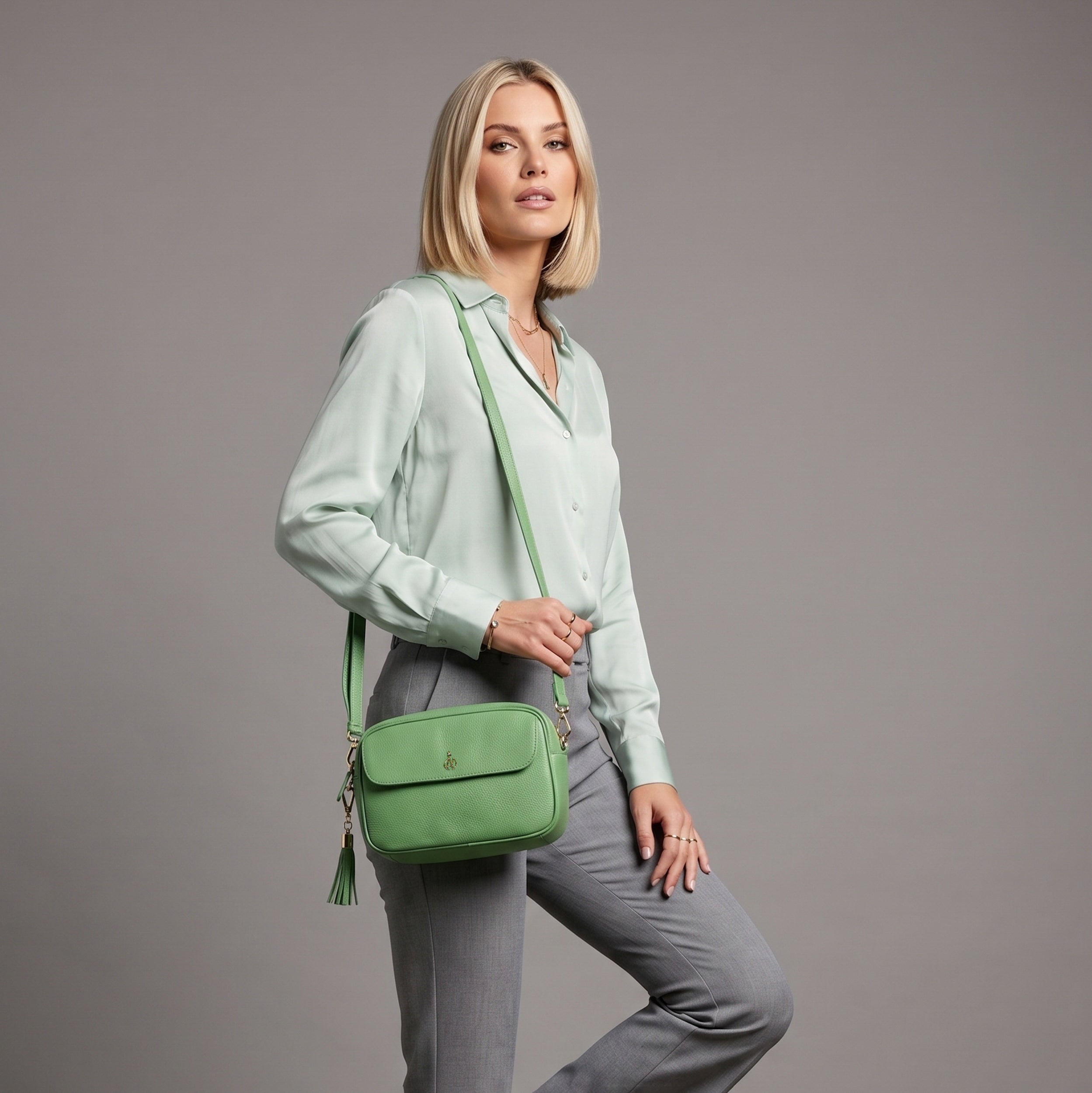 'HACKNEY' Matcha Green Pebble Grain Real Leather Crossbody Bag
