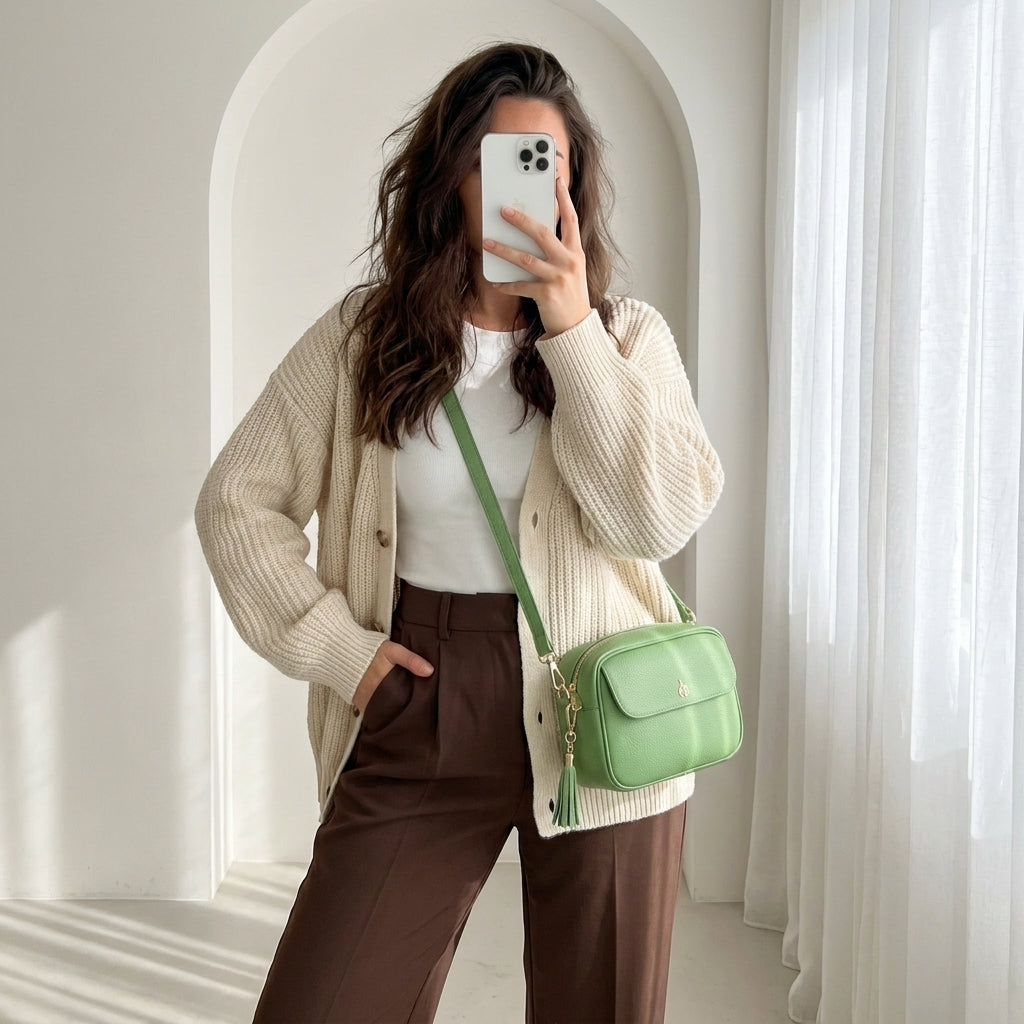 'HACKNEY' Matcha Green Pebble Grain Real Leather Crossbody Bag